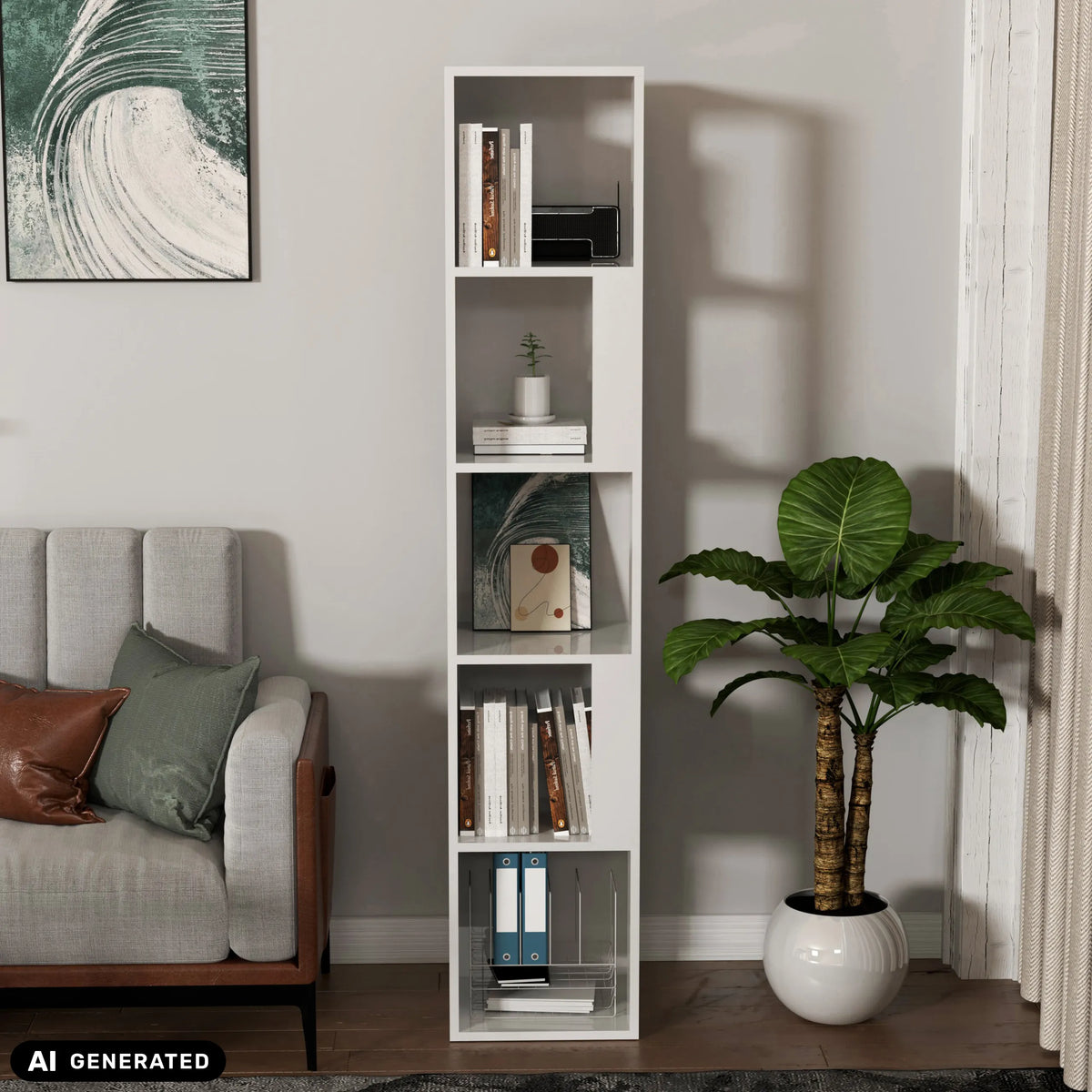 Étagère KALAG S blanche avec quatre compartiments ouverts de hjh LIVING (image générée par IA)