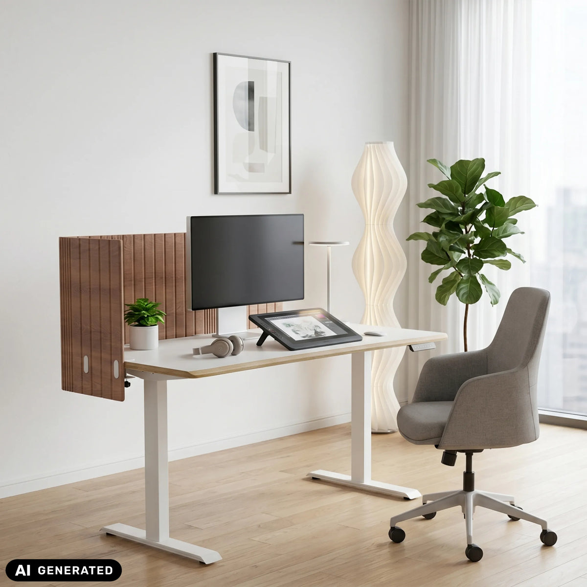 Cloison de table marron FLEXMIUT ROLL W avec structure à lamelles verticales sur un bureau blanc de hjh OFFICE
