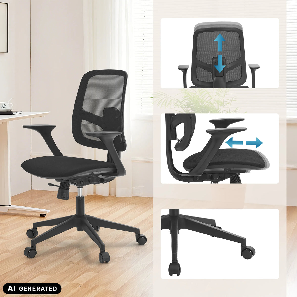 Siège de bureau à domicile Malio en noir avec dossier et accoudoirs réglables de hjh OFFICE (image générée par IA)