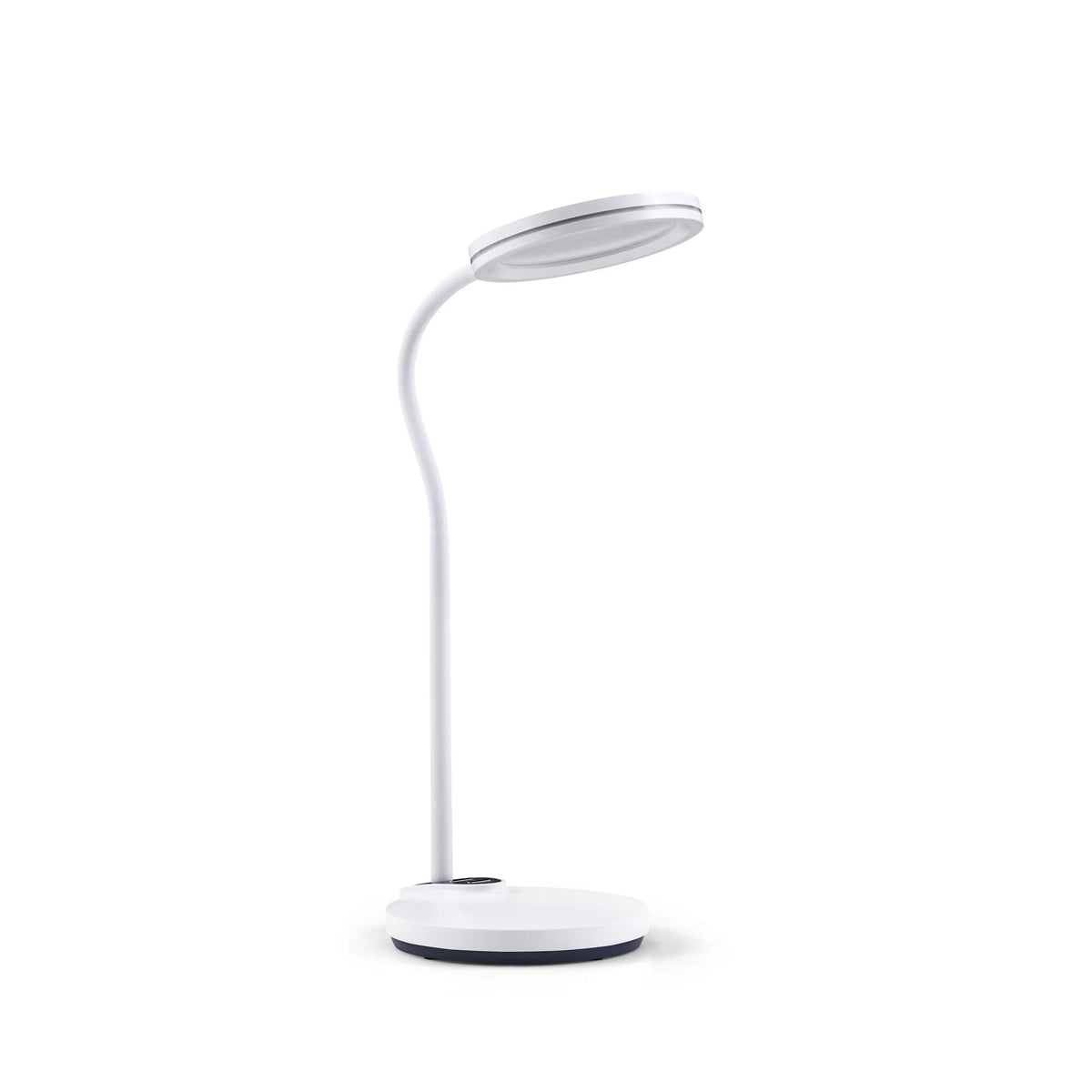 Lampe de bureau Lumanova D5 blanche avec un pied rond et une tête de lampe plate et circulaire de hjh OFFICE – vue à 360° (vue de face 15°)