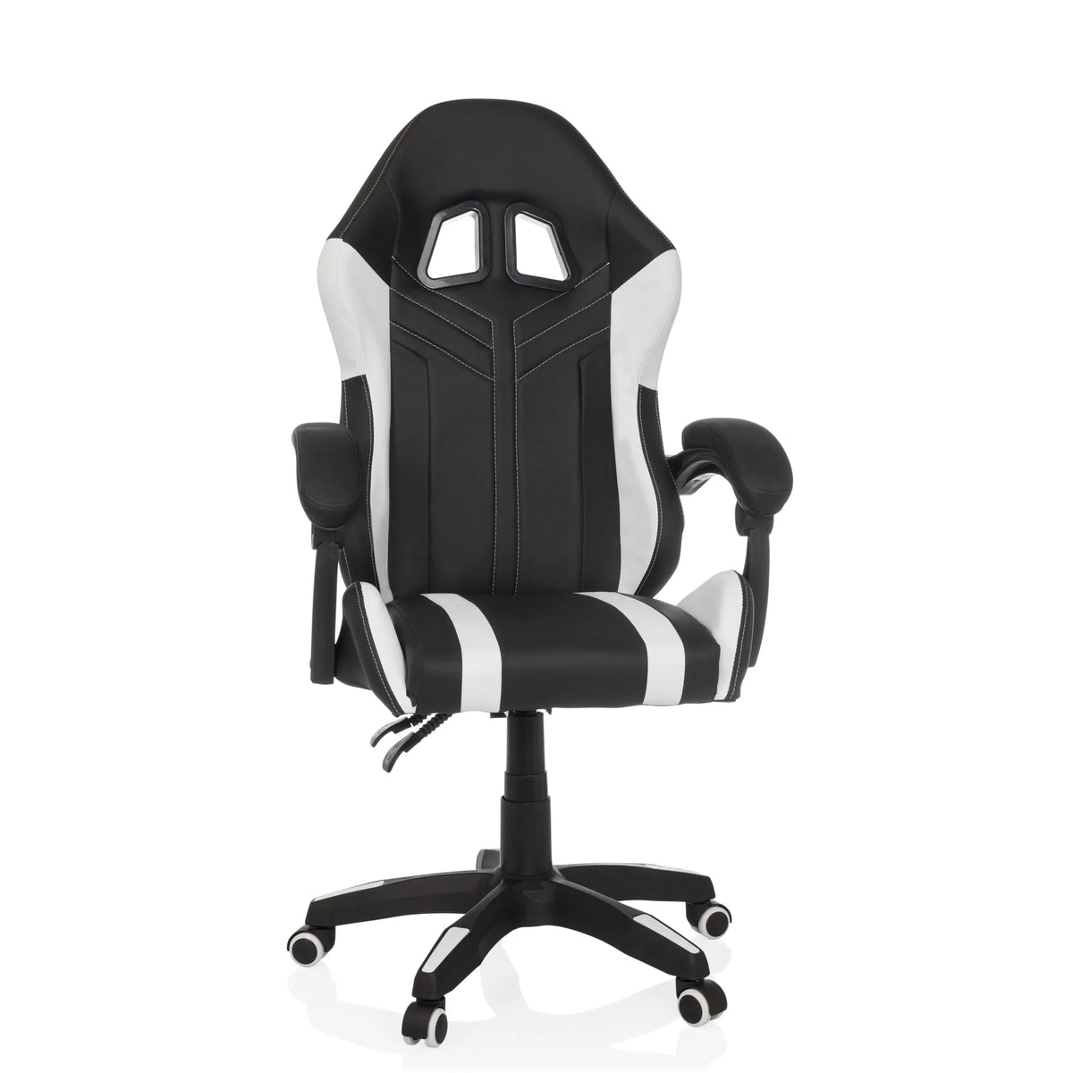 Fauteuil Gamer GAMEBREAKER W02 noir et blanc avec pied à cinq roulettes de MyBuero – vue à 360° (vue de face 15°)
