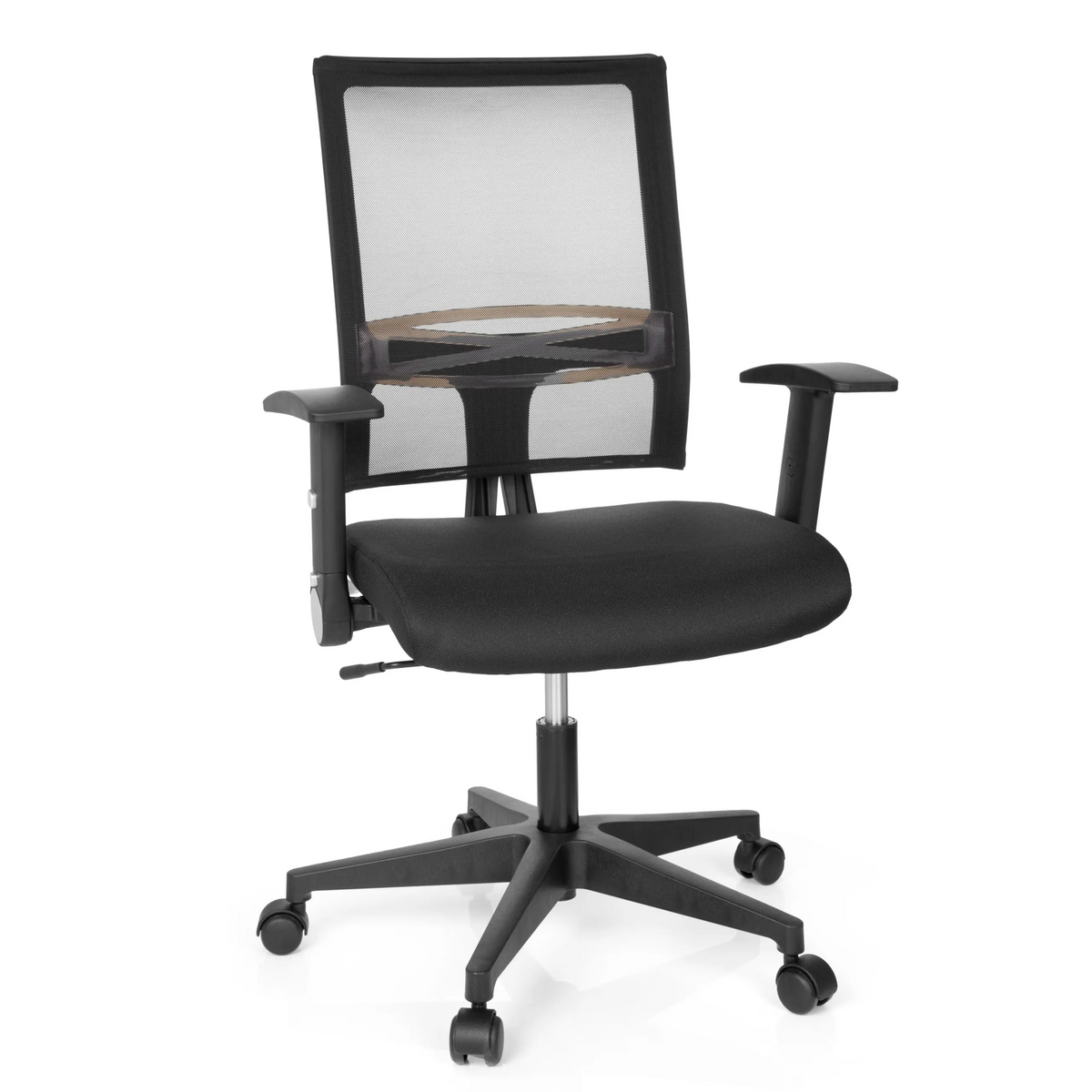Siège de bureau à domicile OFFICE R8 noir avec dossier en maille et base à cinq roulettes de hjh OFFICE – vue à 360° (vue de face 20°)