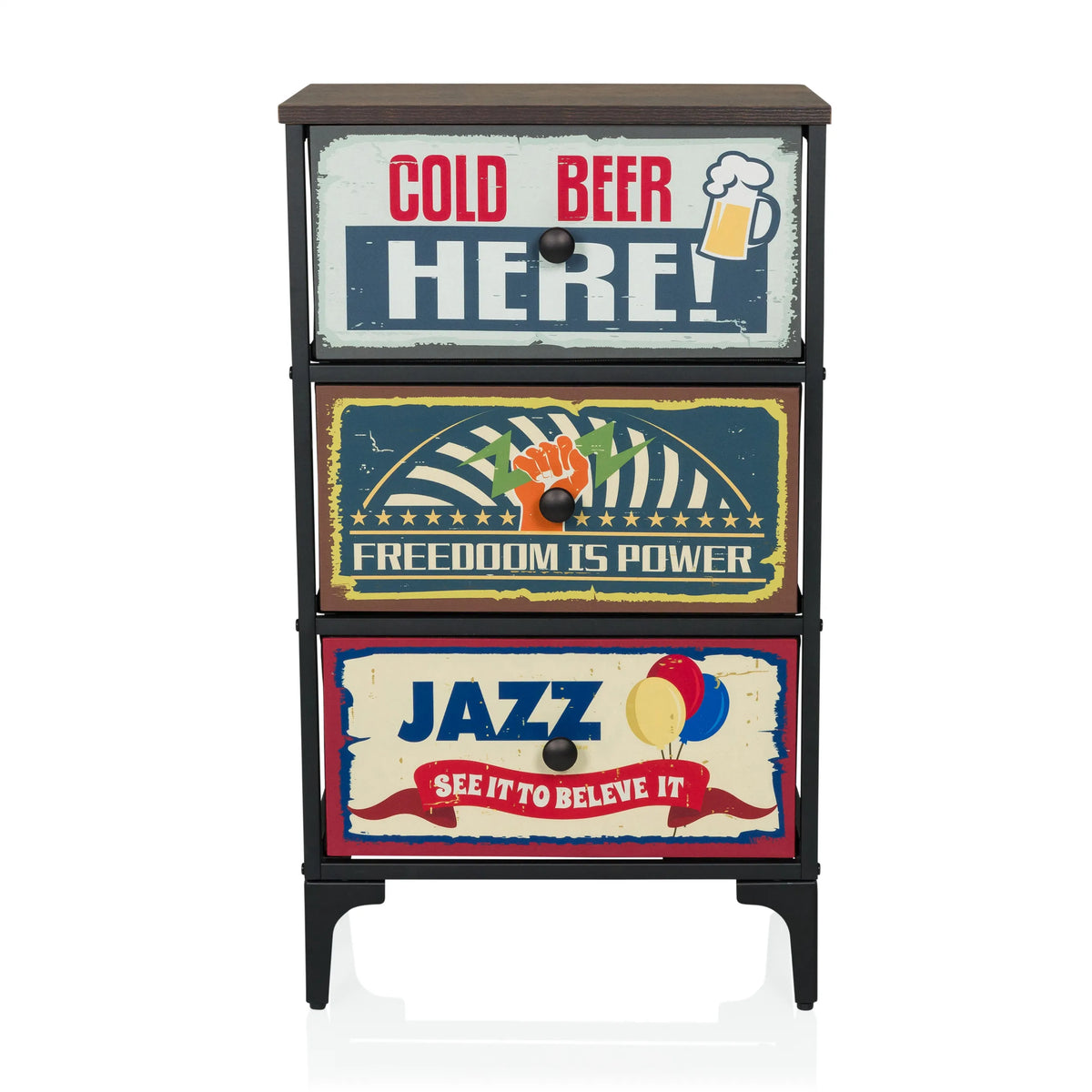 Commode AMERIKO S avec trois tiroirs à motifs au look vintage et structure noire de hjh LIVING – vue à 360° (vue de face 0°)