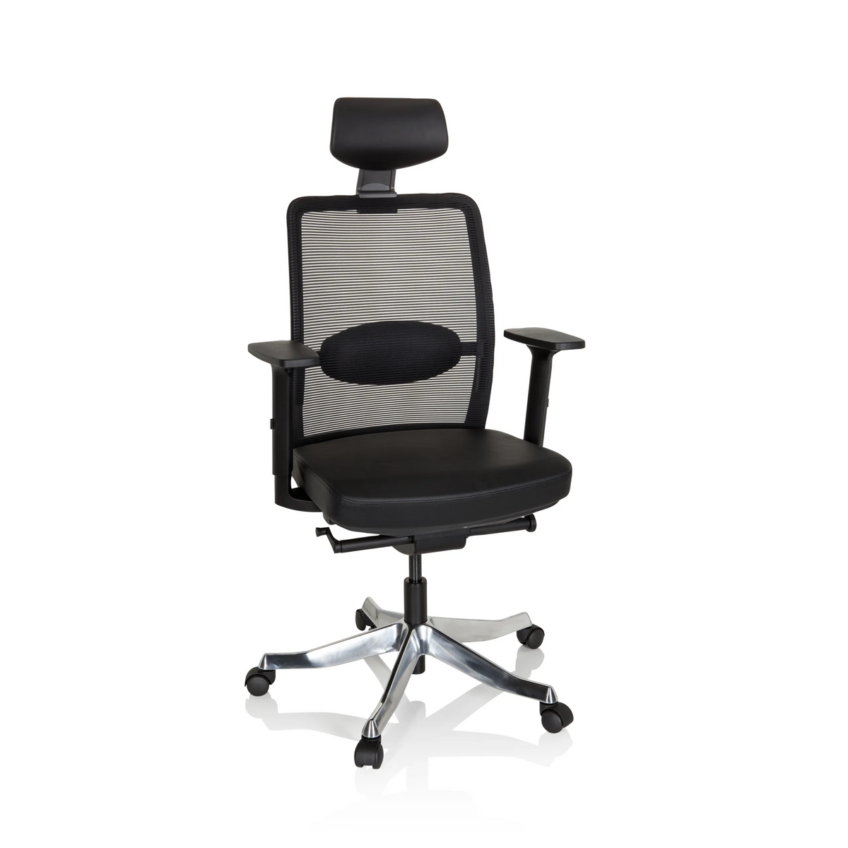 Siège de direction de luxe SENATOR PRO noir avec dossier en maille, appui-tête et base à cinq roulettes de hjh OFFICE – vue à 360° (vue de face 20°)