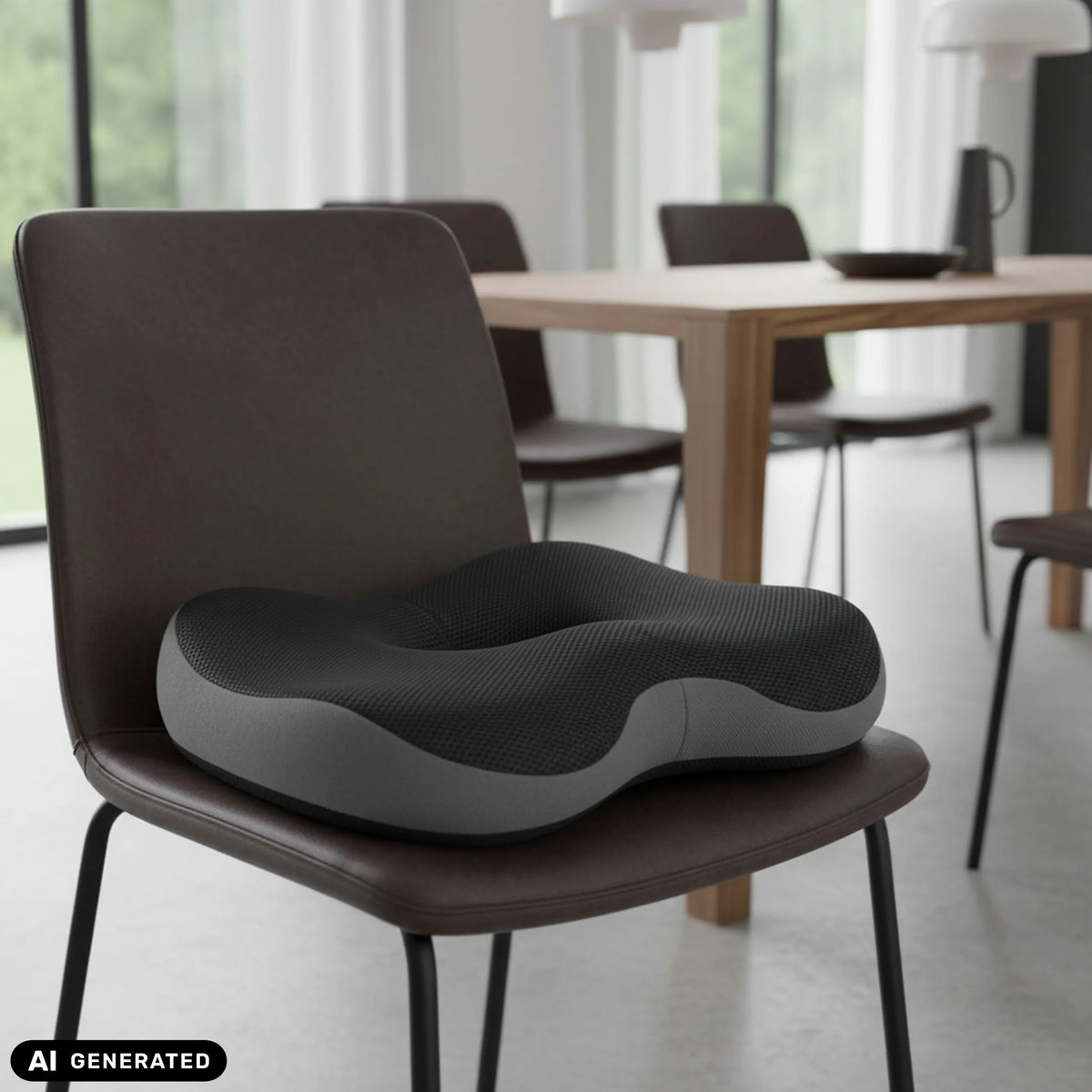 Coussin de siège MEDISIT VI noir sur une chaise marron de hjh OFFICE (image générée par IA)