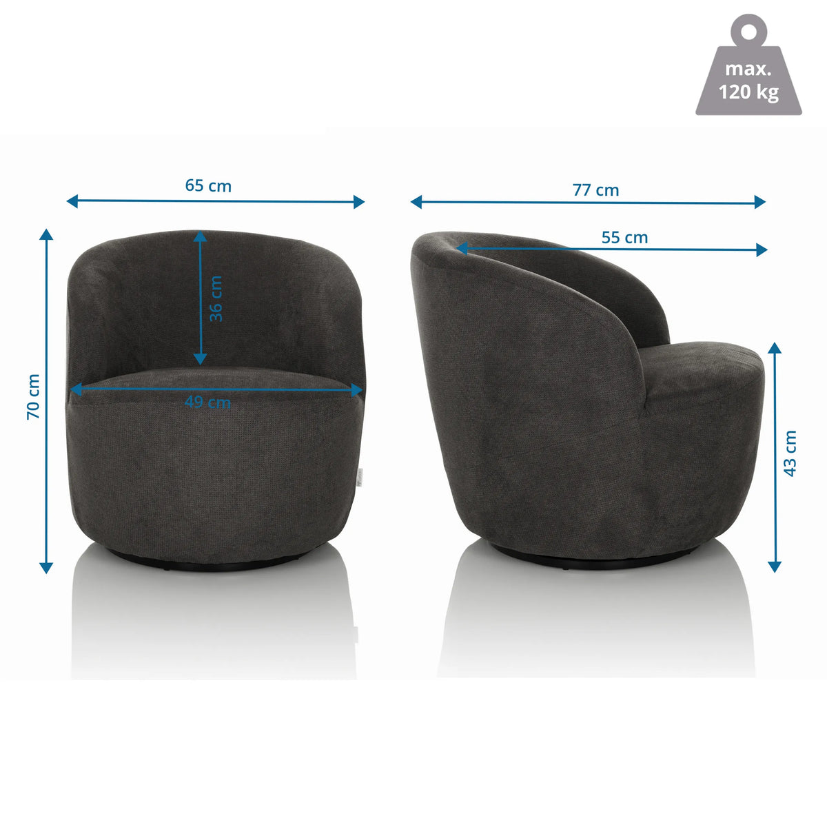 Vue dimensionnelle du Fauteuil de salon BRAMWICH avec une largeur de 65 cm et une hauteur de 70 cm de hjh LIVING