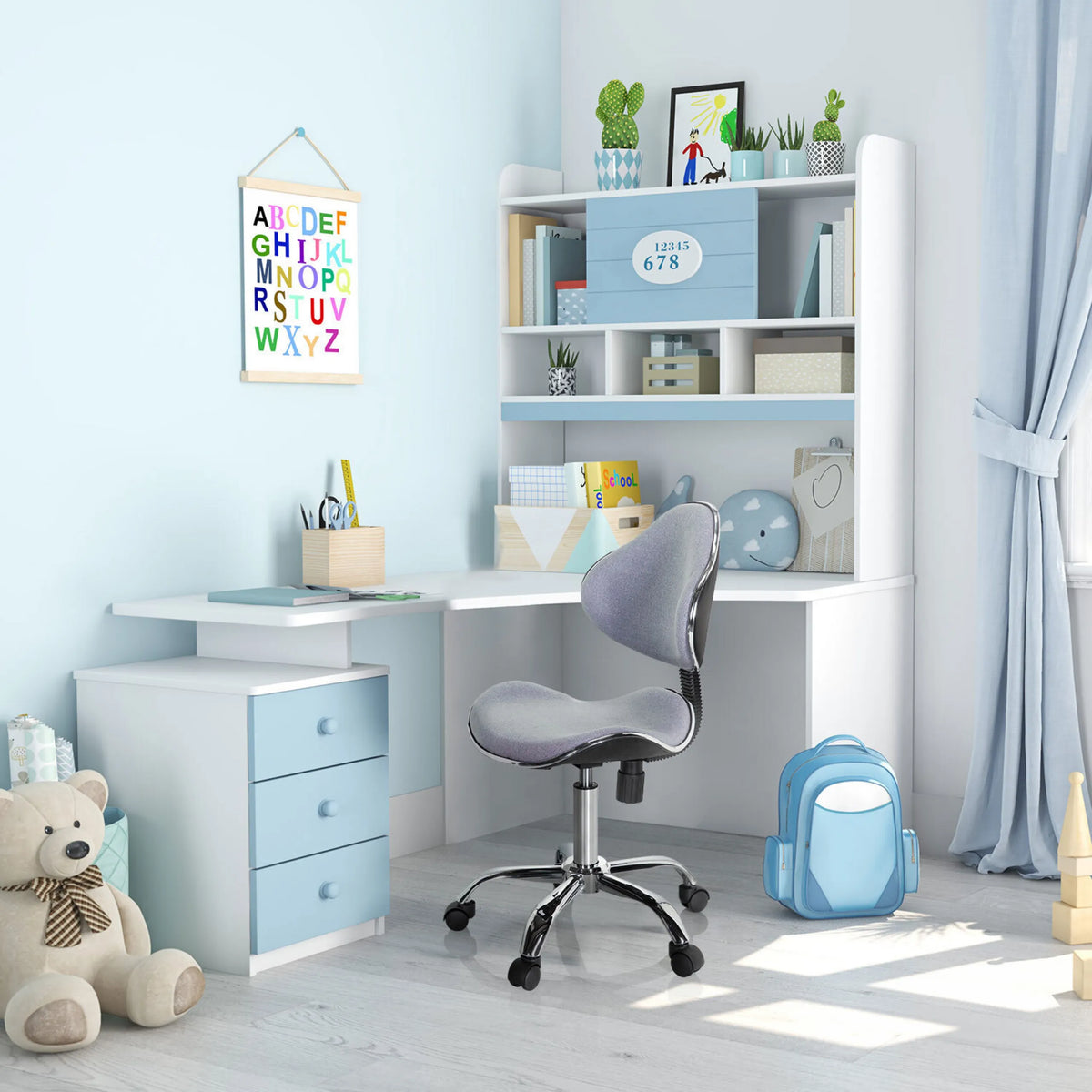 Chaise pivotante pour des enfants KIDDY GTI-3 en gris avec piètement en étoile à un bureau pour enfants blanc de hjh OFFICE