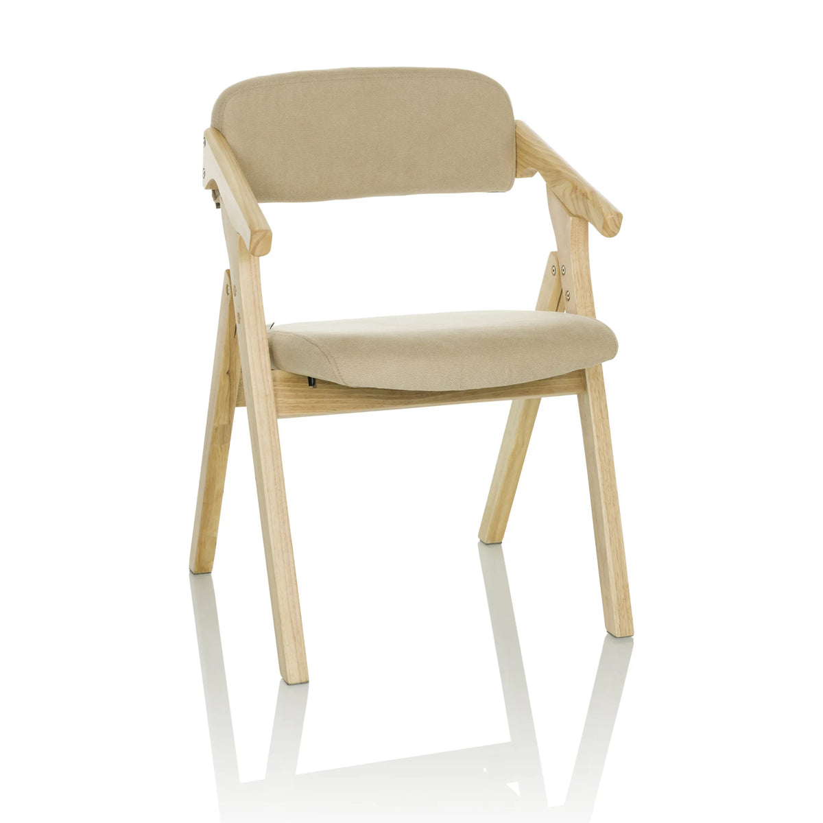 Chaise pliante SCANDIO beige avec accoudoirs et structure en bois de hjh OFFICE – vue à 360° (vue de face 15°)