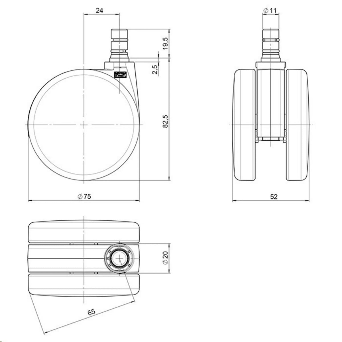 Dessin technique des Roulettes 5x ROLO No-Noise 11mm/75mm d'un diamètre de 75 mm de hjh OFFICE