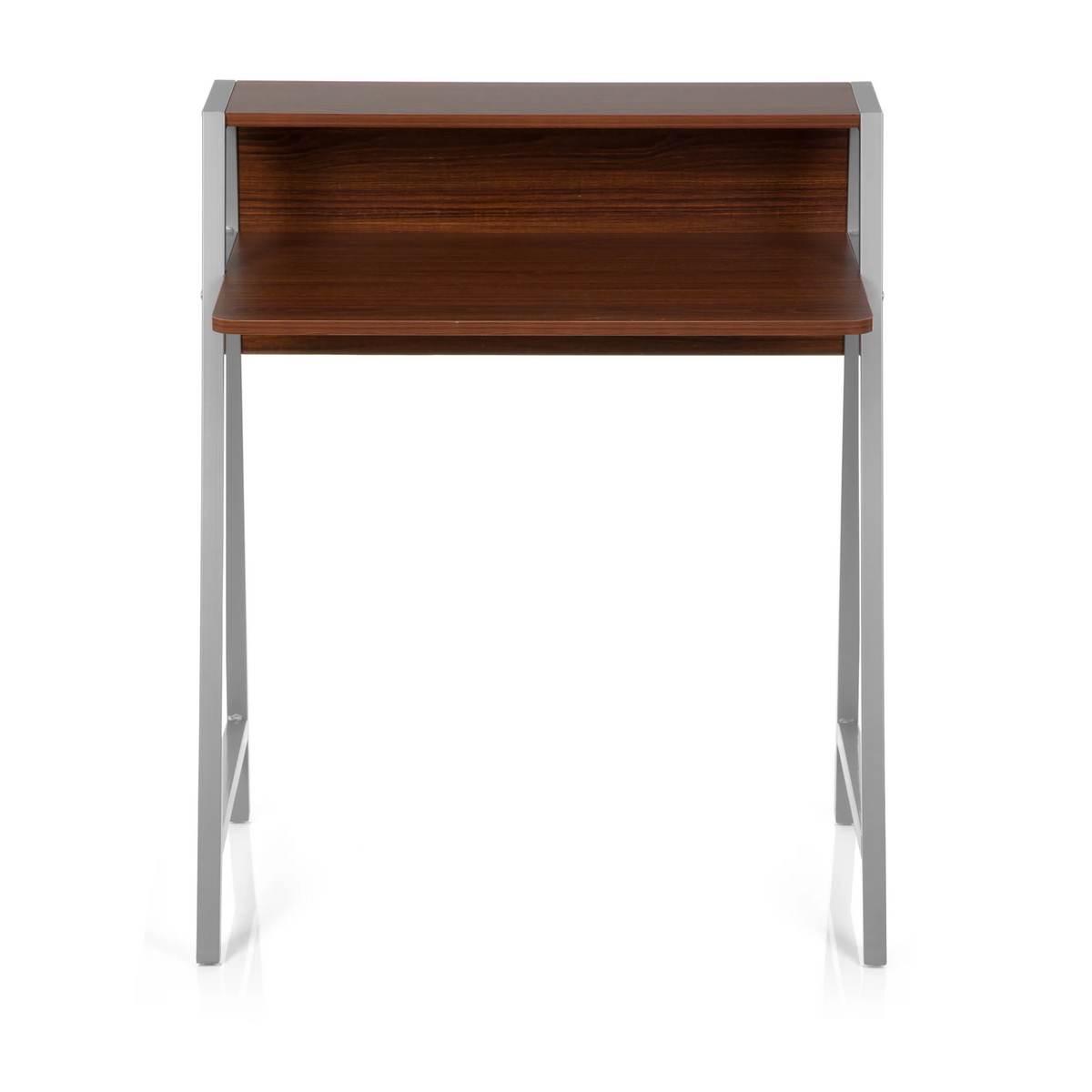 Bureau DUMONT couleur noyer avec structure argentée et rehausse de hjh OFFICE – vue à 360° (vue de face 0°)