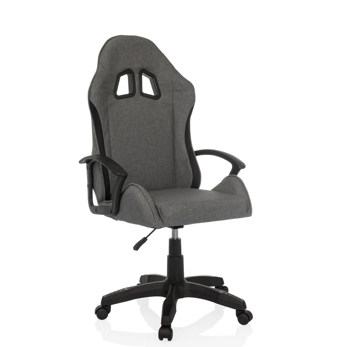 Fauteuil Gamer GAMEBREAKER W01 gris avec deux découpes pour l'appui-tête et piètement à cinq roulettes de MyBuero – vue à 360° (vue de trois quarts avant 30°)