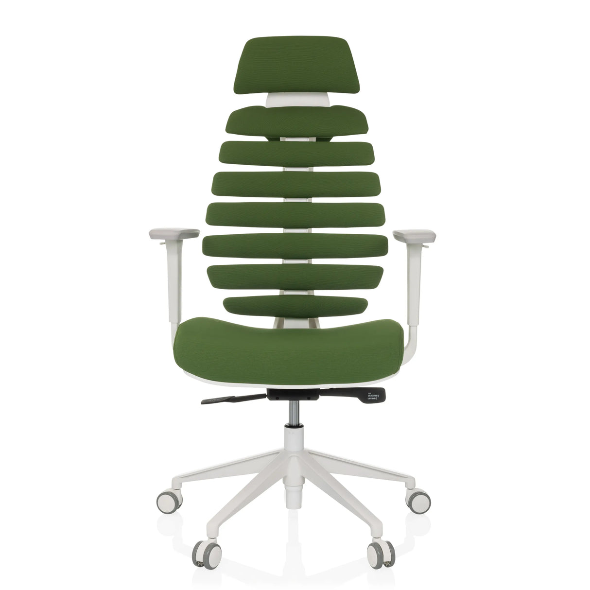 Siège de bureau de qualité professionnelle ERGO LINE W vert, dossier segmenté et base blanche à cinq roulettes de hjh OFFICE – vue à 360° (vue de face 0°)