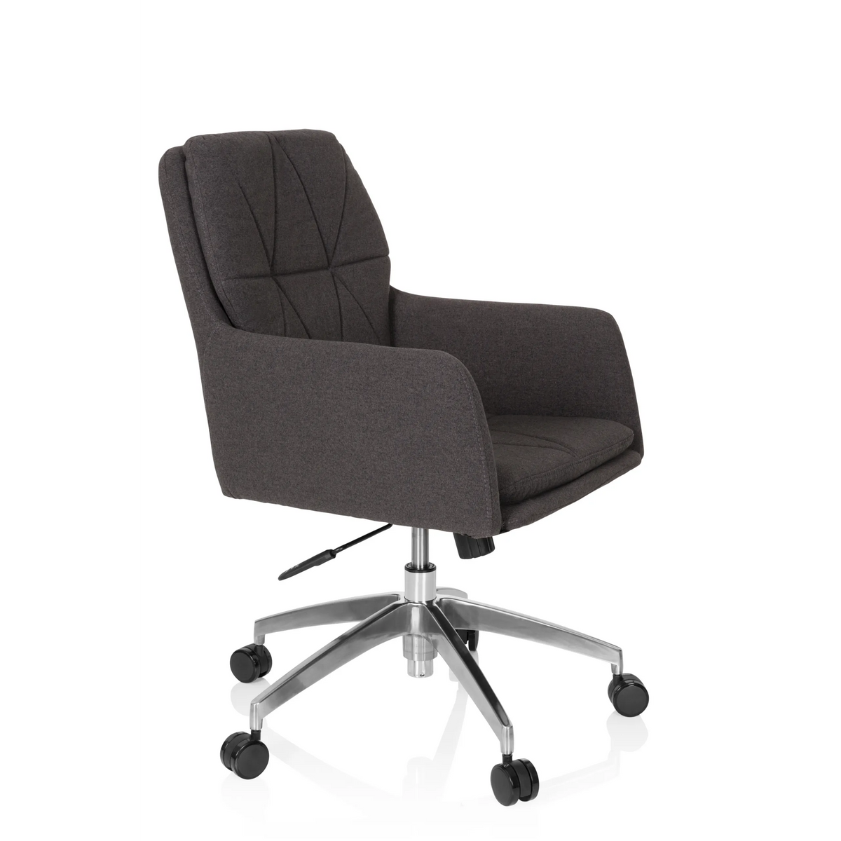 Siège de bureau à domicile SHAKE 350 gris foncé avec motif surpiqué et base à cinq roulettes de hjh OFFICE – vue à 360° (vue de trois quarts avant 60°)