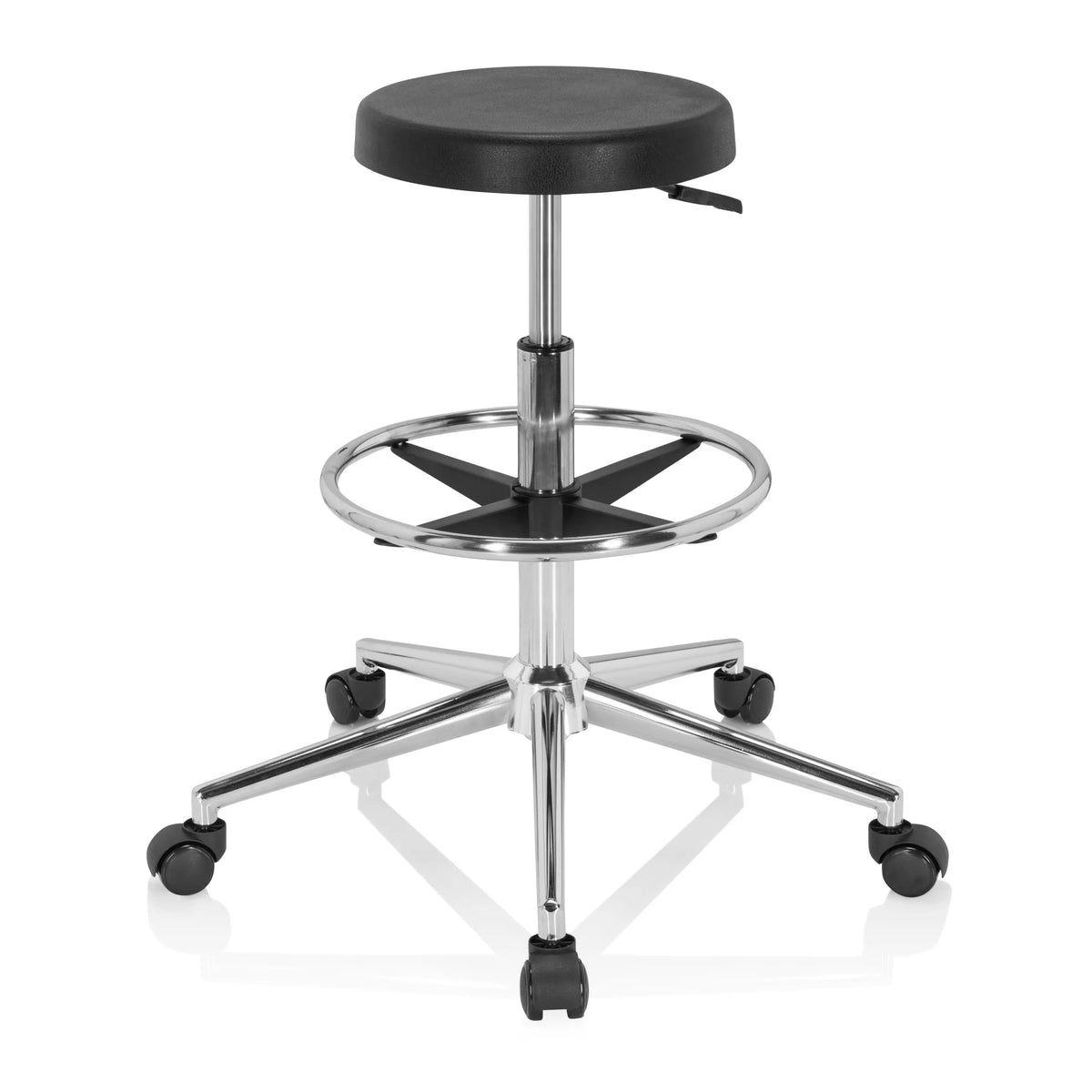 Tabouret pivotant noir TOP WORK 14 I avec repose-pieds et base à cinq roulettes de hjh OFFICE – vue à 360° (vue de face 0°)