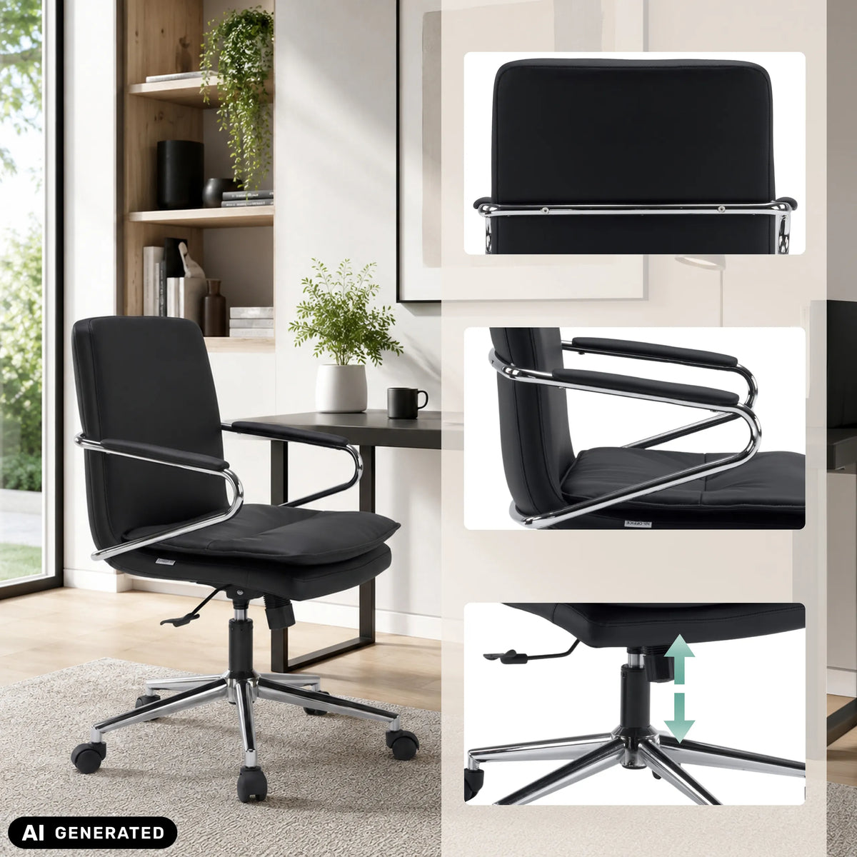 Siège de bureau à domicile Rovento noir avec accoudoirs et base à roulettes en chrome de hjh OFFICE