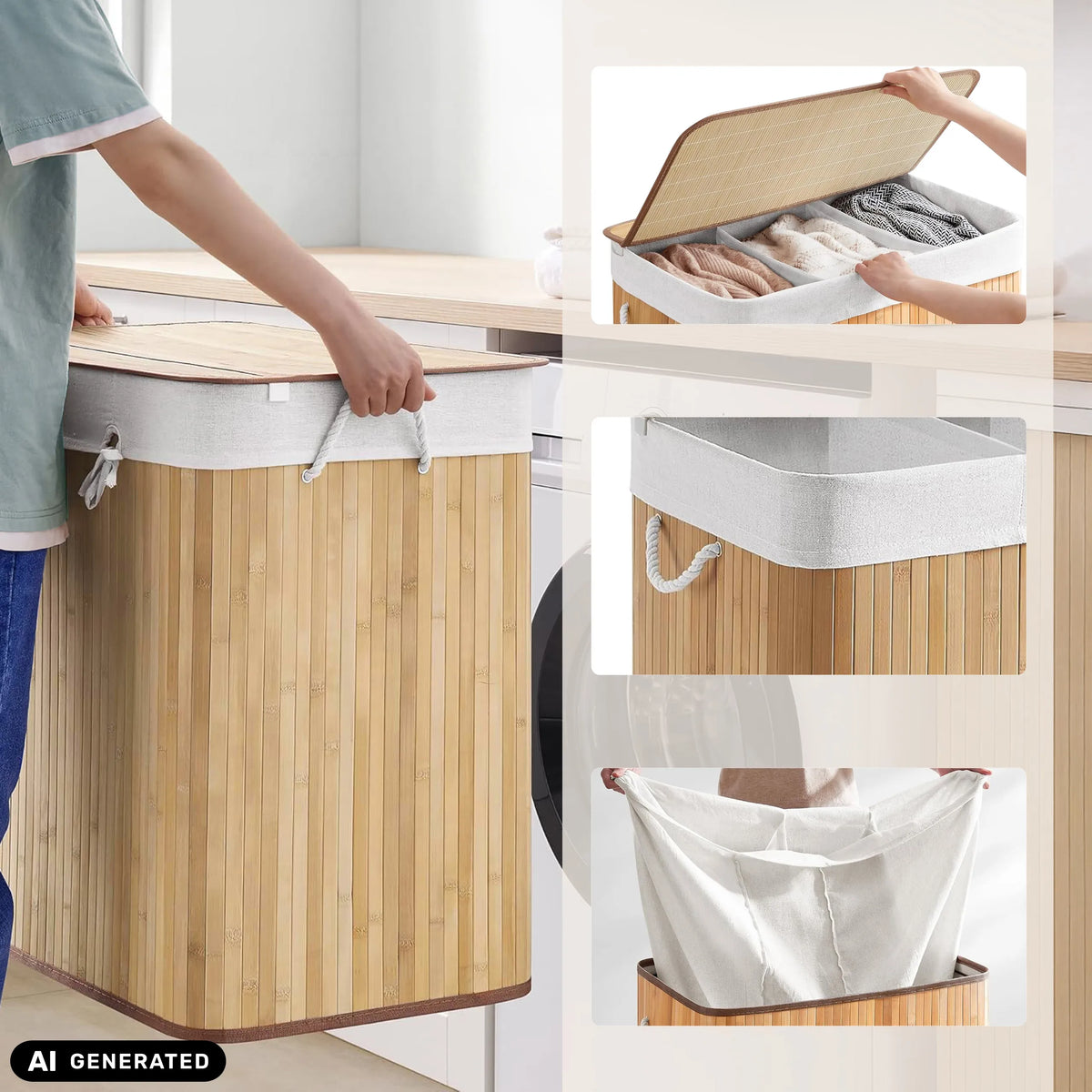 Panier à linge FALSTER XXL B en bambou avec sac en tissu blanc, couvercle et poignées intégrées de hjh LIVING