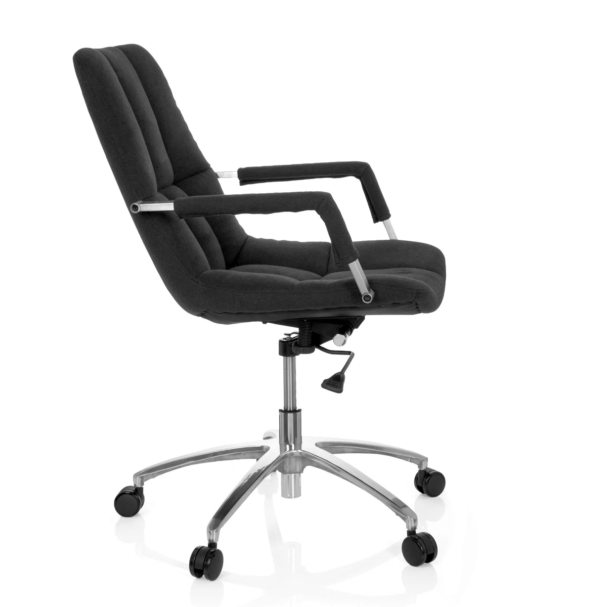 Siège de bureau à domicile SARANTO noir avec revêtement en tissu et base à cinq roulettes de hjh OFFICE – vue à 360° (vue de profil 80°)