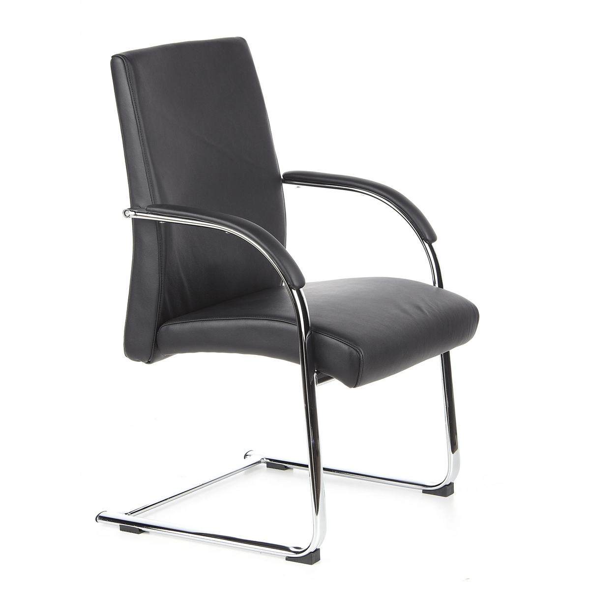 Chaises cantilever BAROLO V noires avec accoudoirs et piètement luge chromé de hjh OFFICE – vue à 360° (vue de trois quarts avant 60°)