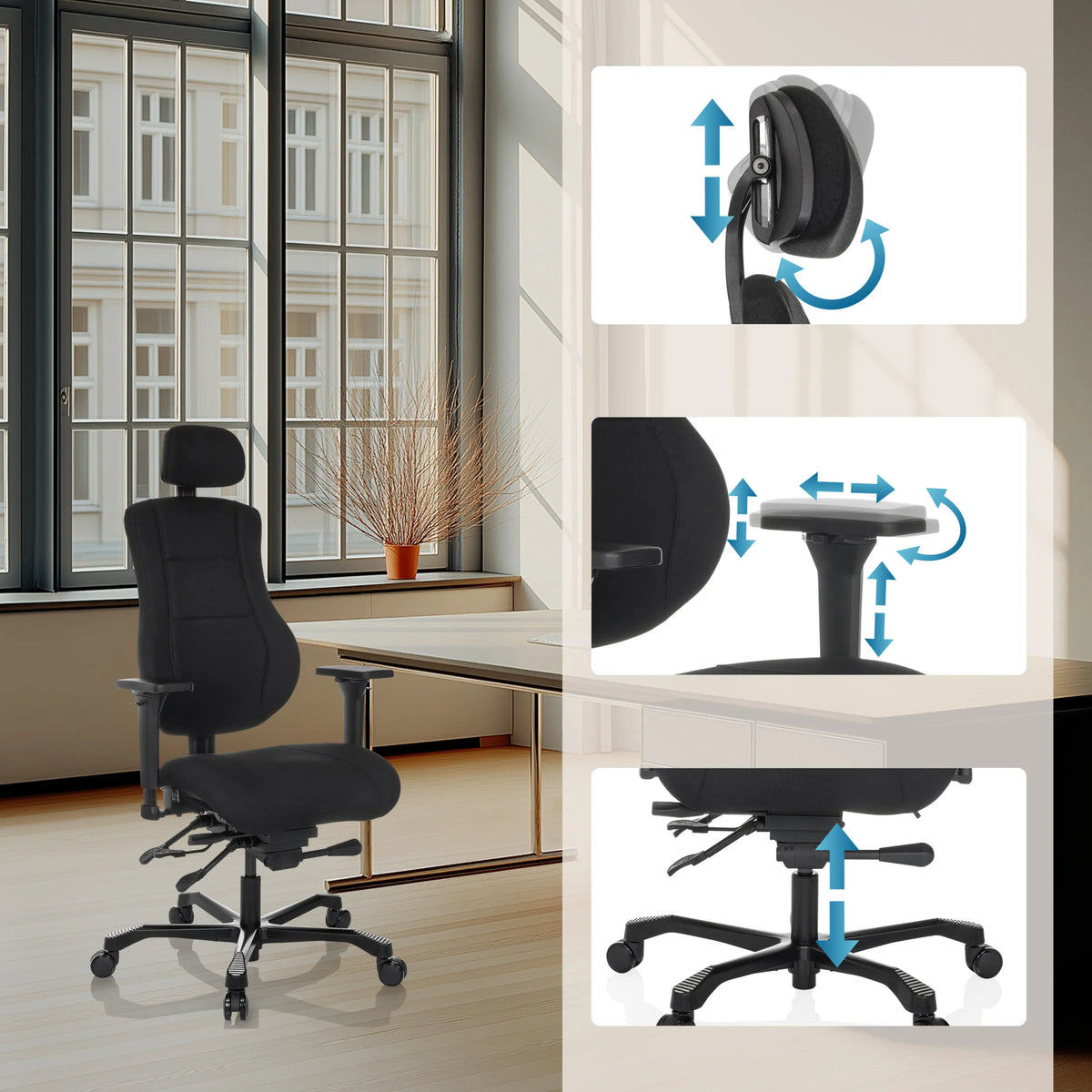 Options de réglage de l'appui-tête, de la hauteur d'assise et du vérin à gaz du Siège pivotant XXL 24 HOURS BASIC en noir de hjh OFFICE