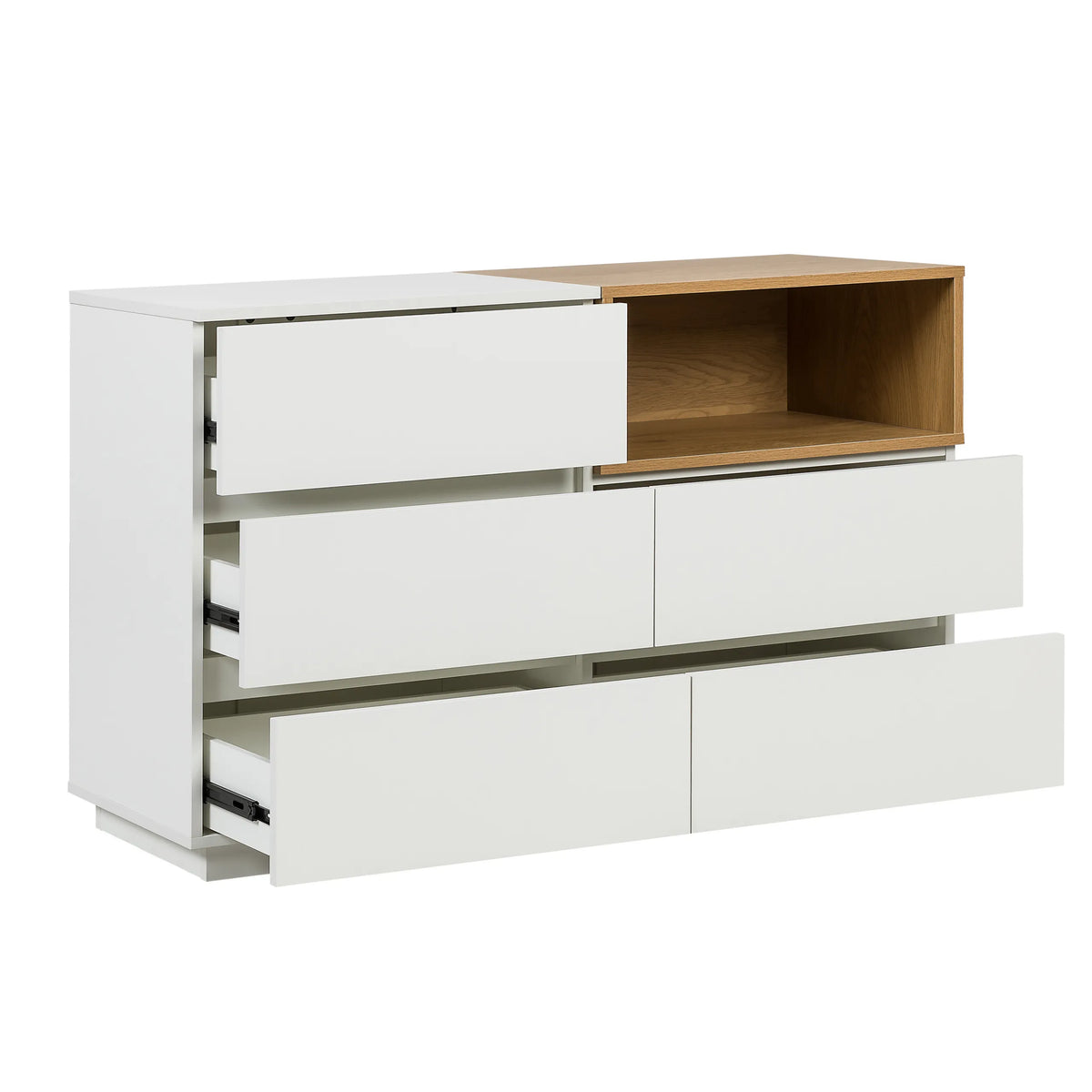Buffet blanc MELMO S avec accent en bois de chêne et trois tiroirs partiellement ouverts de hjh LIVING