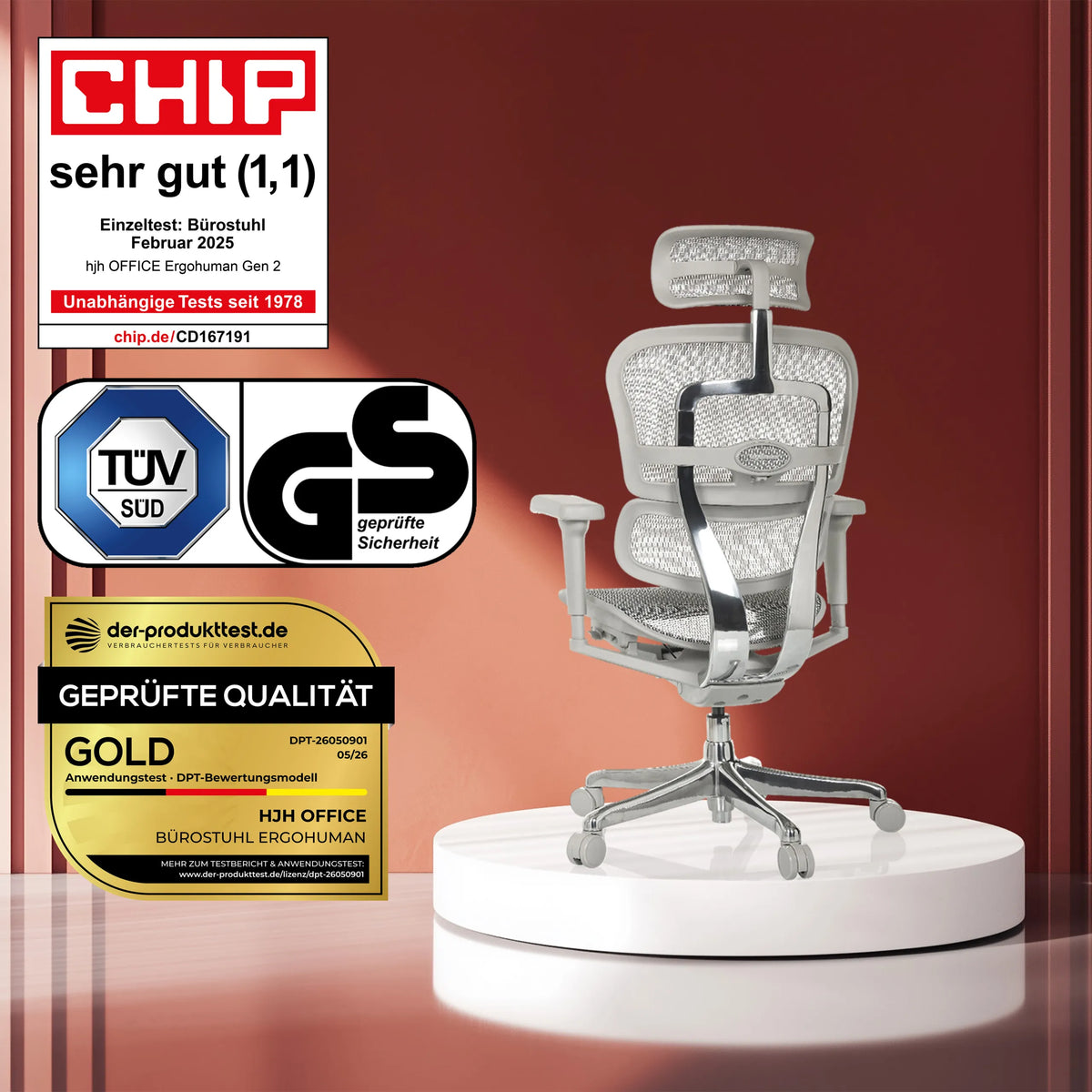 Siège de direction de luxe ERGOHUMAN ULTRA G GEN2 en gris avec revêtement en maille et divers labels de certification de hjh OFFICE