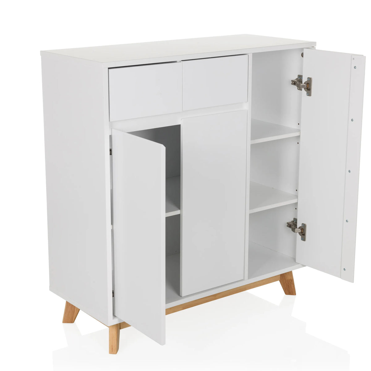 Commode blanche ESTHA avec deux tiroirs, deux portes et pieds en bois clair de hjh LIVING