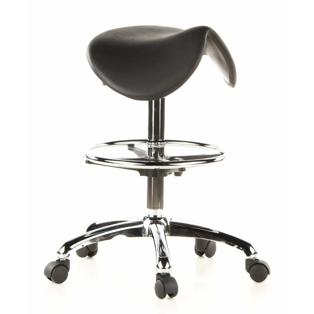 Tabouret de selle TOP WORK 13 noir avec repose-pieds et base à cinq roulettes de hjh OFFICE – vue à 360° (vue de trois quarts avant 40°)