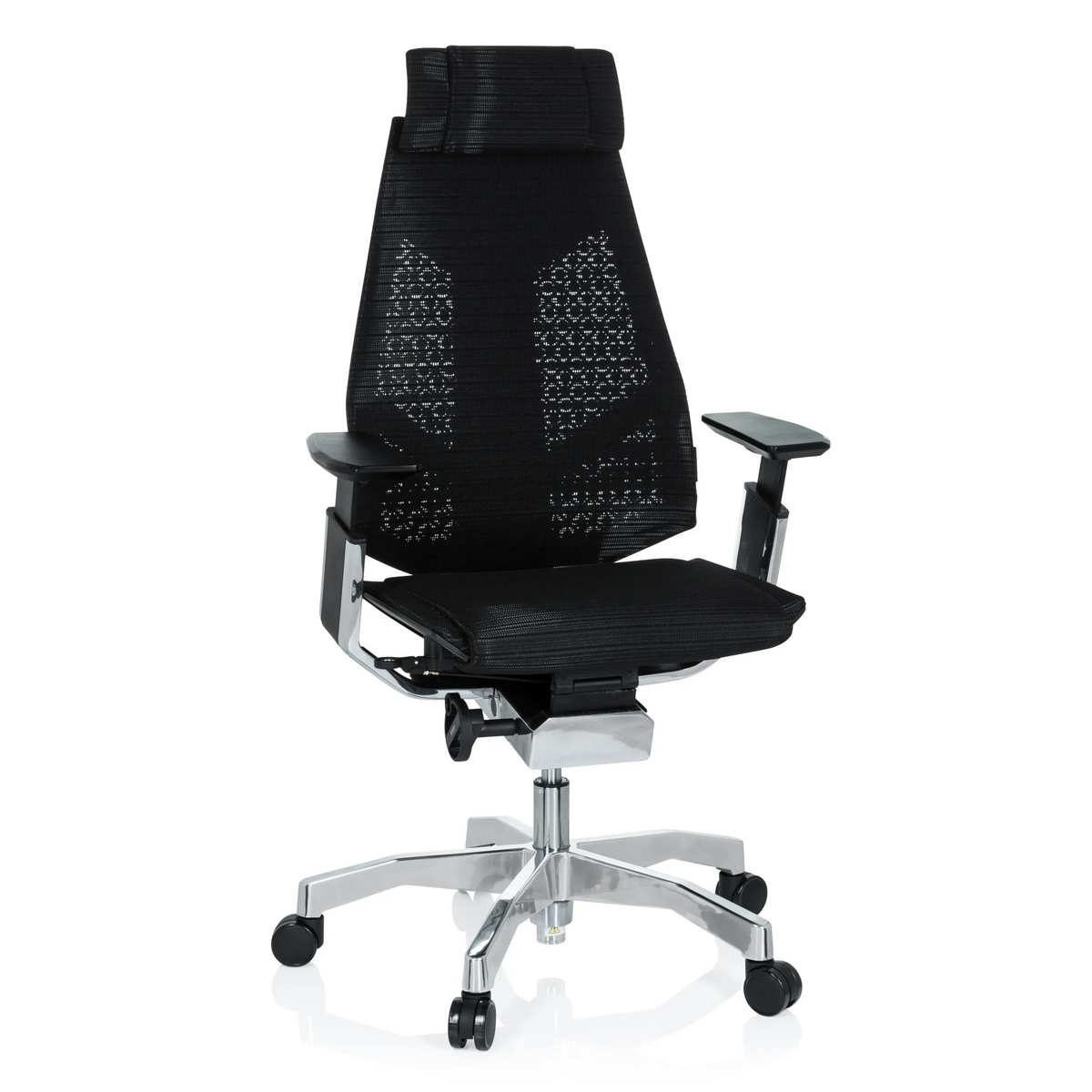 Siège de bureau haut de gamme GENIDIA PRO noir avec dossier en maille et pied à cinq roulettes de hjh OFFICE – vue à 360° (vue de face 20°)
