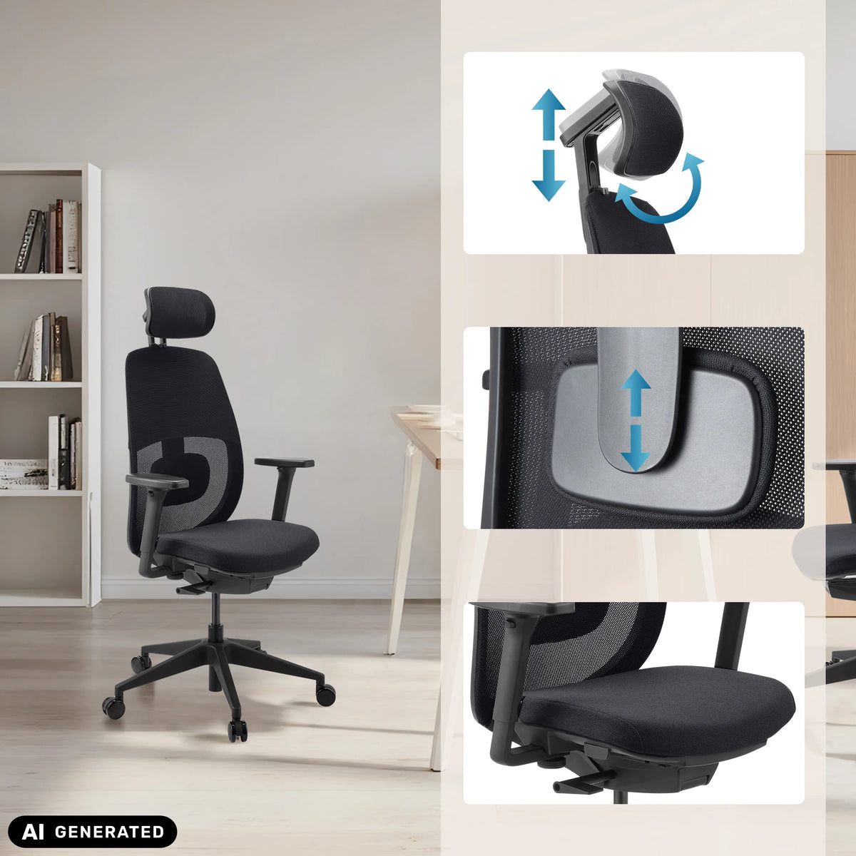 Appuie-tête et support lombaire réglables du siège de bureau de qualité professionnelle Skandis Pro de hjh OFFICE (image générée par IA)