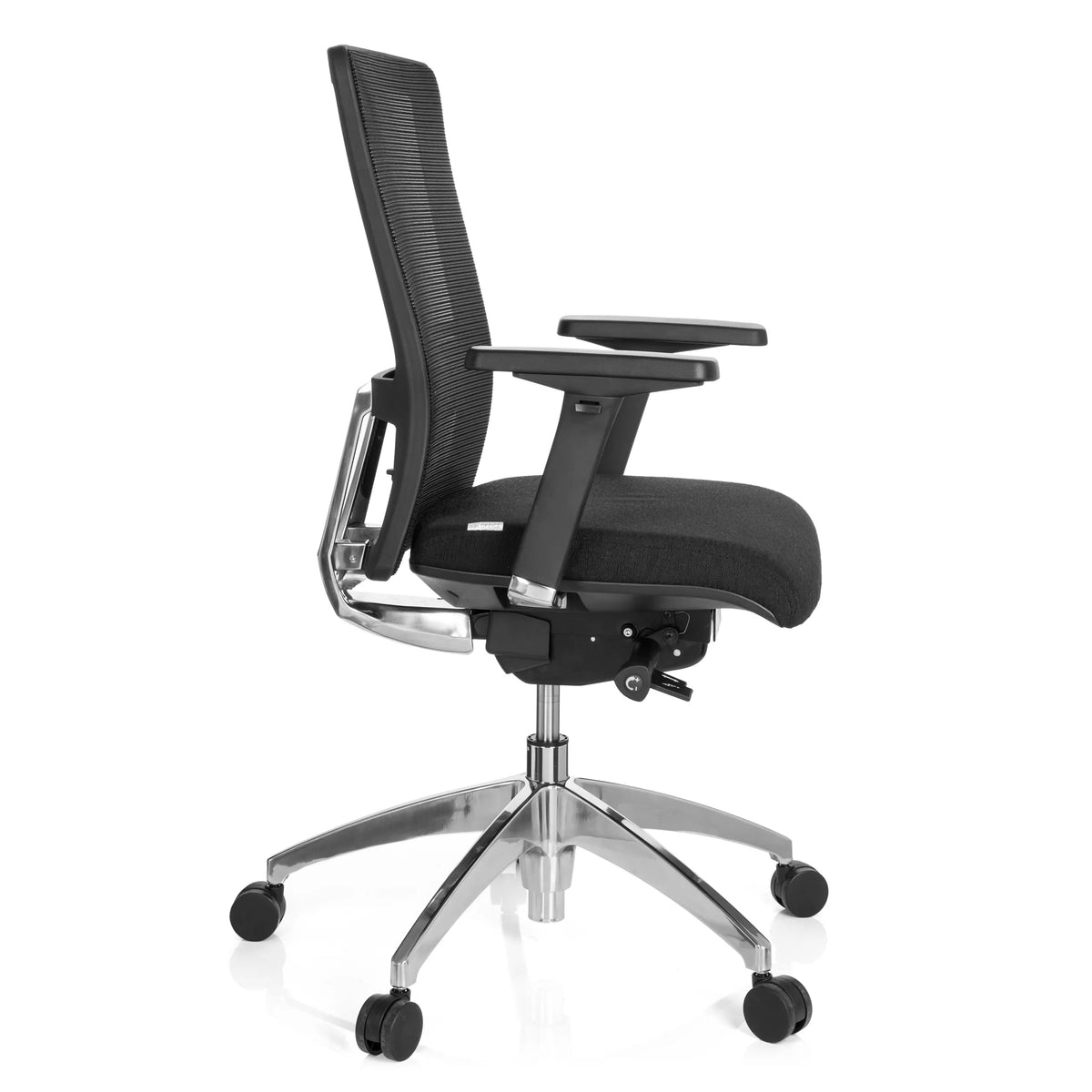Siège de bureau de qualité professionnelle ASTRA BASE N noir, dossier maille et base brillante à 5 roulettes de hjh OFFICE – vue à 360° (vue de profil 80°)