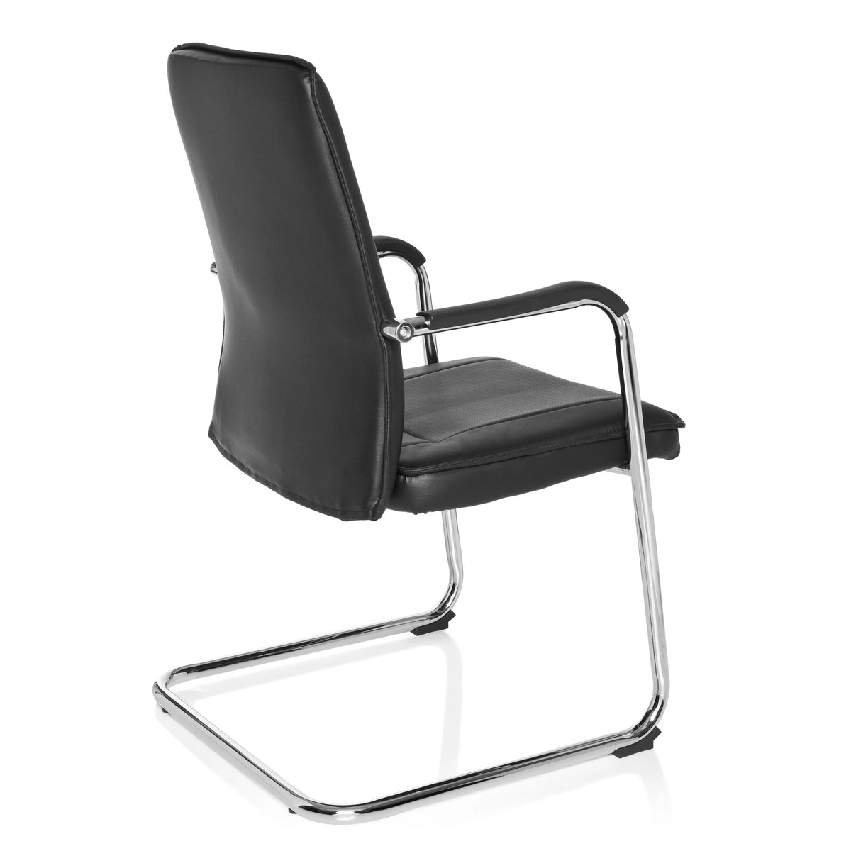 Chaises cantilever TILA noires avec accoudoirs et structure chromée de hjh OFFICE – vue à 360° (vue de trois quarts arrière 120°)