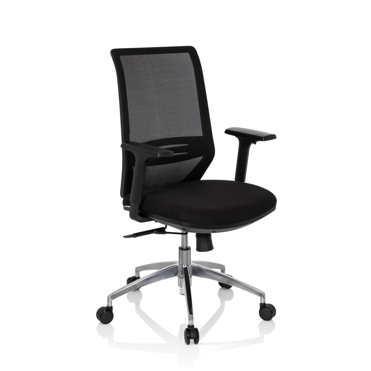 Siège de bureau de qualité professionnelle PROFONDO noir avec dossier en maille et piètement à cinq roulettes de hjh OFFICE – vue à 360° (vue de trois quarts avant 40°)