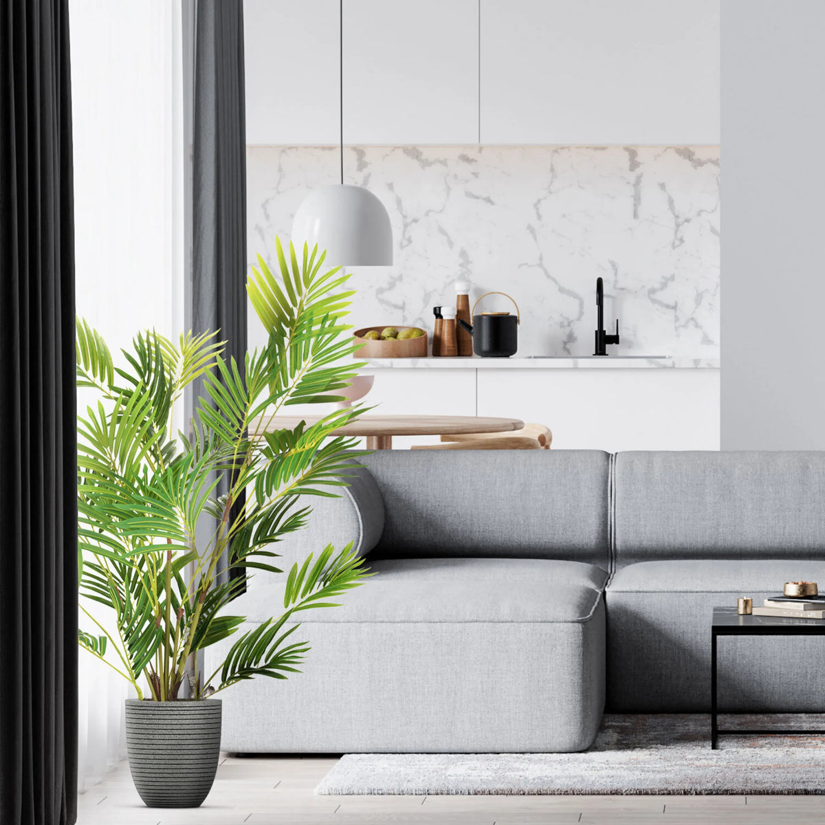 Plante artificielle verte ARECA I dans un pot texturé gris de hjh OFFICE