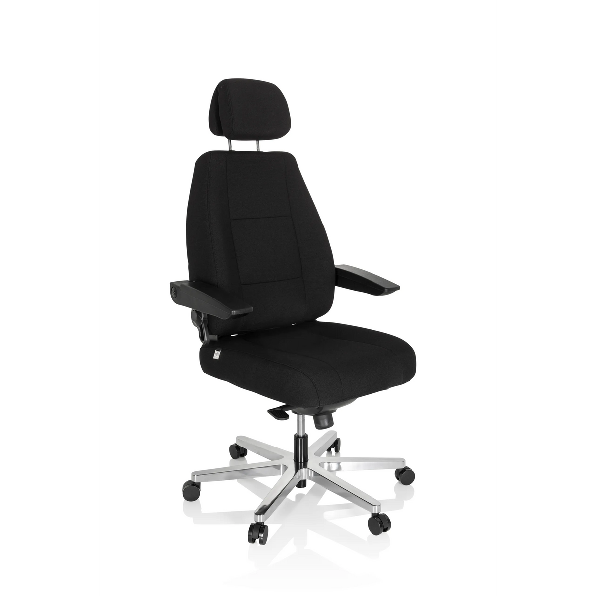 Siège pivotant XXL 24 HOURS I noir avec appuie-tête et étoile à cinq roulettes de hjh OFFICE – vue à 360° (vue de trois quarts avant 40°)