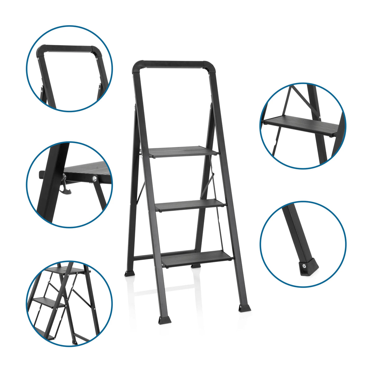 Échelle pliante SOLID W6 noire avec trois marches, main courante et pieds antidérapants de hjh OFFICE