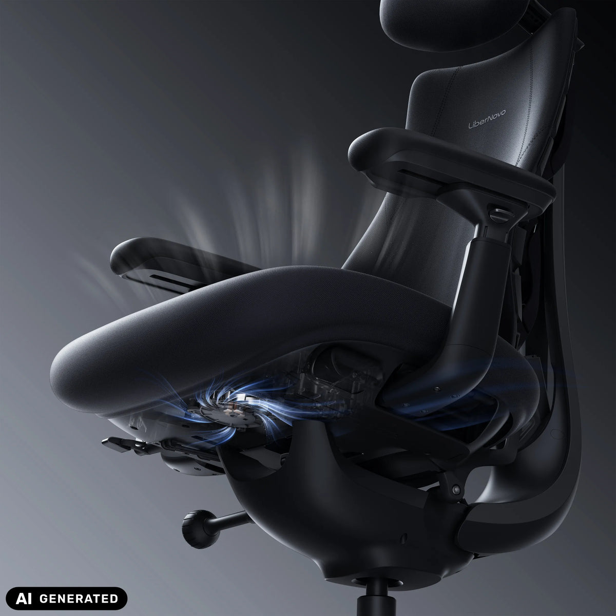 Mécanisme d'assise du siège de bureau haut de gamme LiberNovo Omni Pro en gris foncé de Libernovo (image générée par IA)