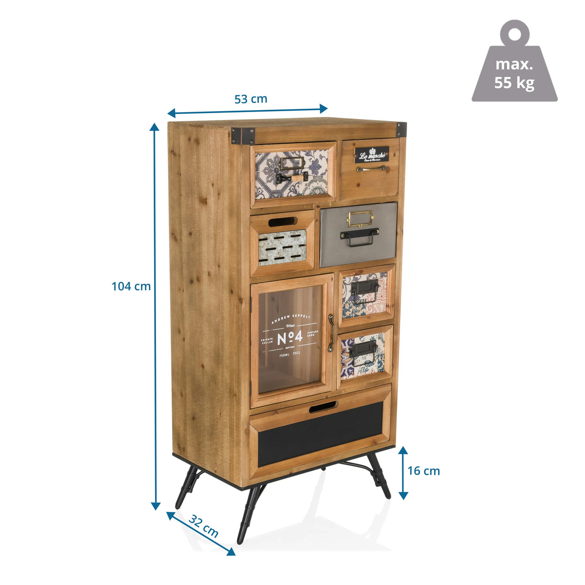 Vue dimensionnelle du Buffet CONTINENTO S de 104 × 53 cm avec une capacité de charge de 55 kg de hjh LIVING