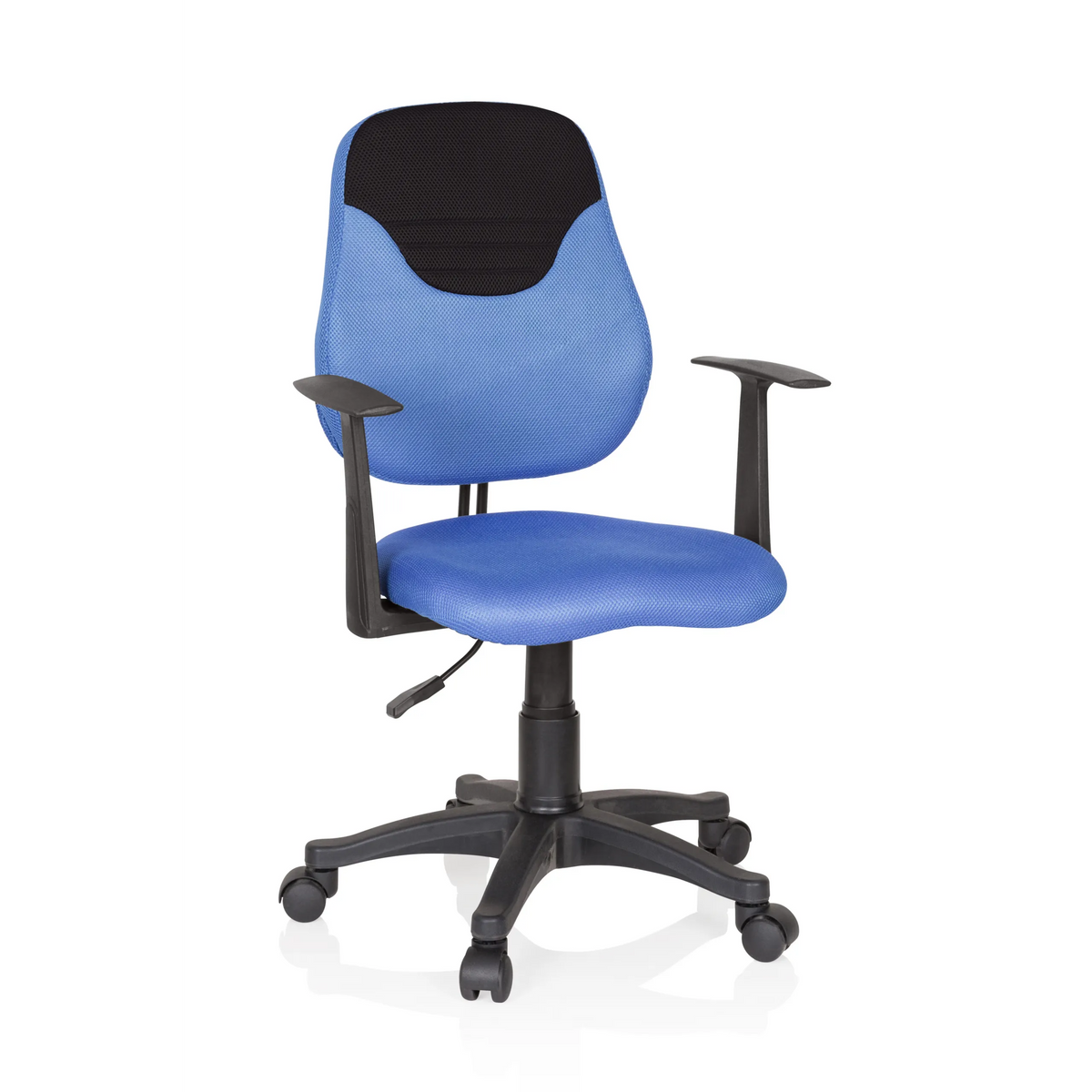 Chaise pivotante pour des enfants KIDDY STYLE bleue avec dossier en maille, accoudoirs et base à cinq roulettes de hjh OFFICE – vue à 360° (vue de face 20°)