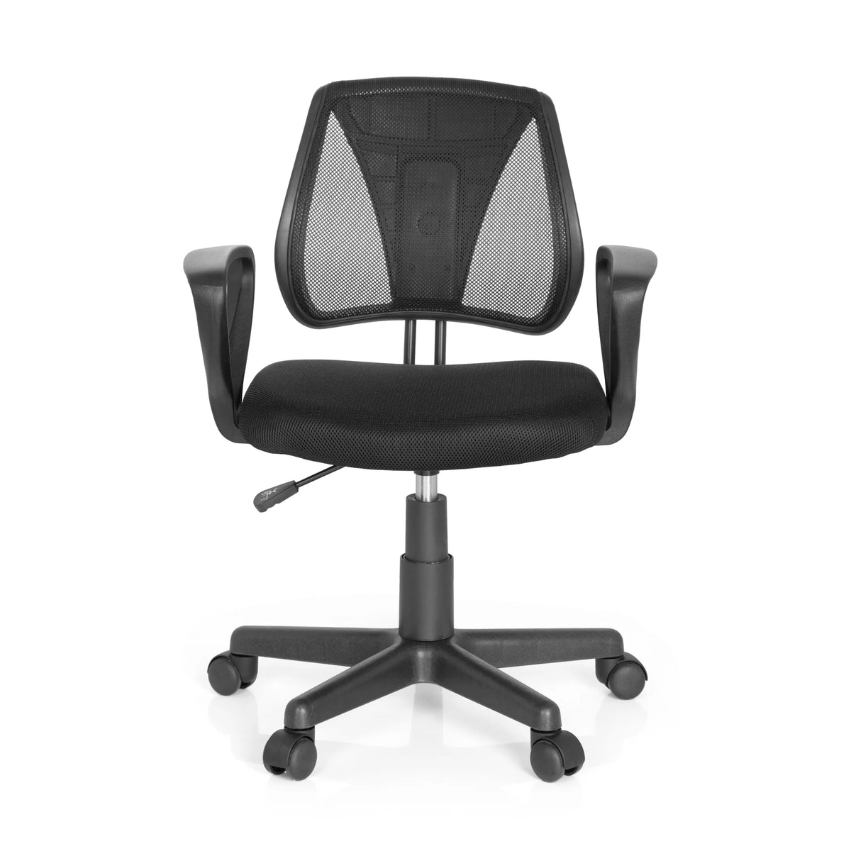 Chaise pivotante pour des enfants KIDDY CD noire avec dossier en maille et base à cinq roulettes de hjh OFFICE – vue à 360° (vue de face 0°)