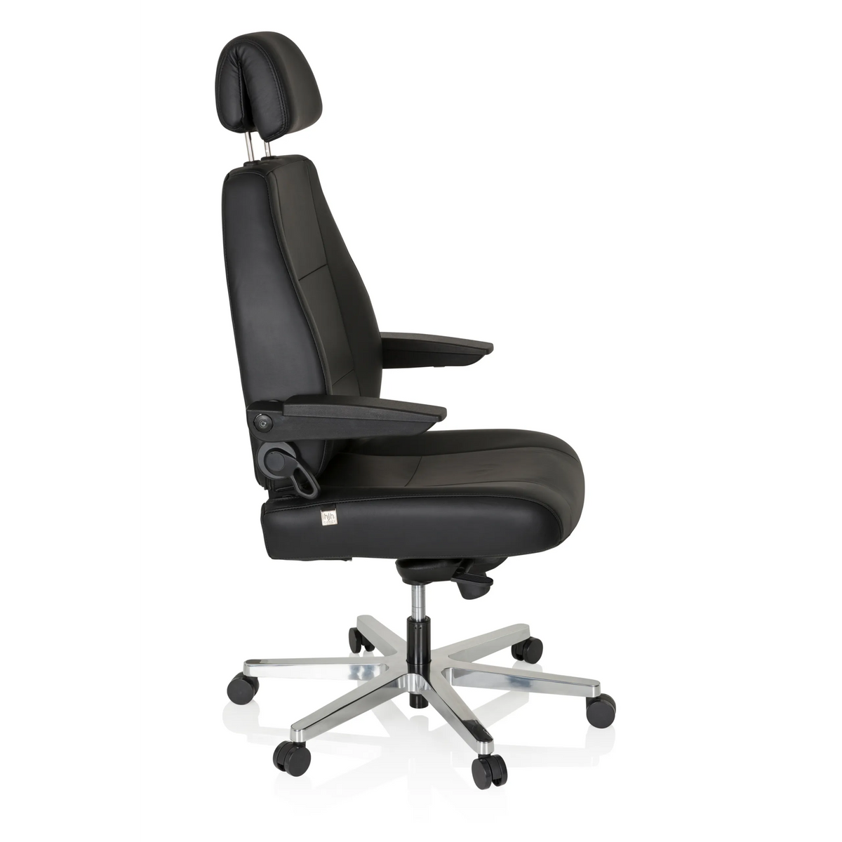 Siège pivotant XXL 24 HOURS noir en cuir avec appuie-tête et pied à cinq roulettes de hjh OFFICE – vue à 360° (vue de profil 80°)