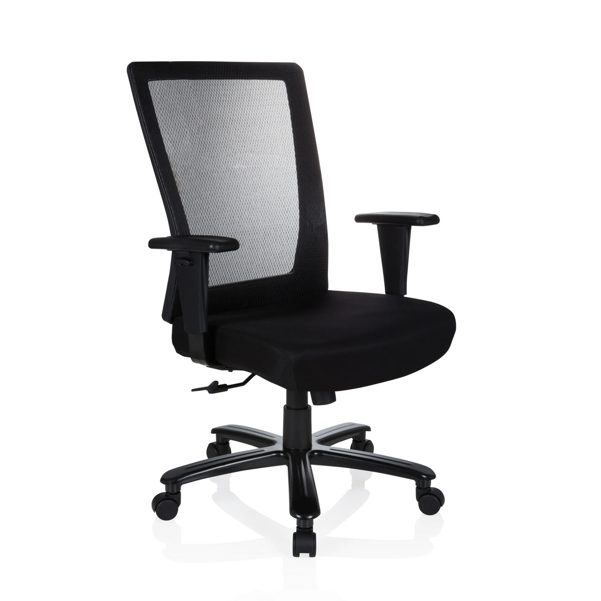 Siège pivotant XXL EXTENDER noir avec dossier en maille et base à cinq roulettes de hjh OFFICE – vue à 360° (vue de trois quarts avant 40°)