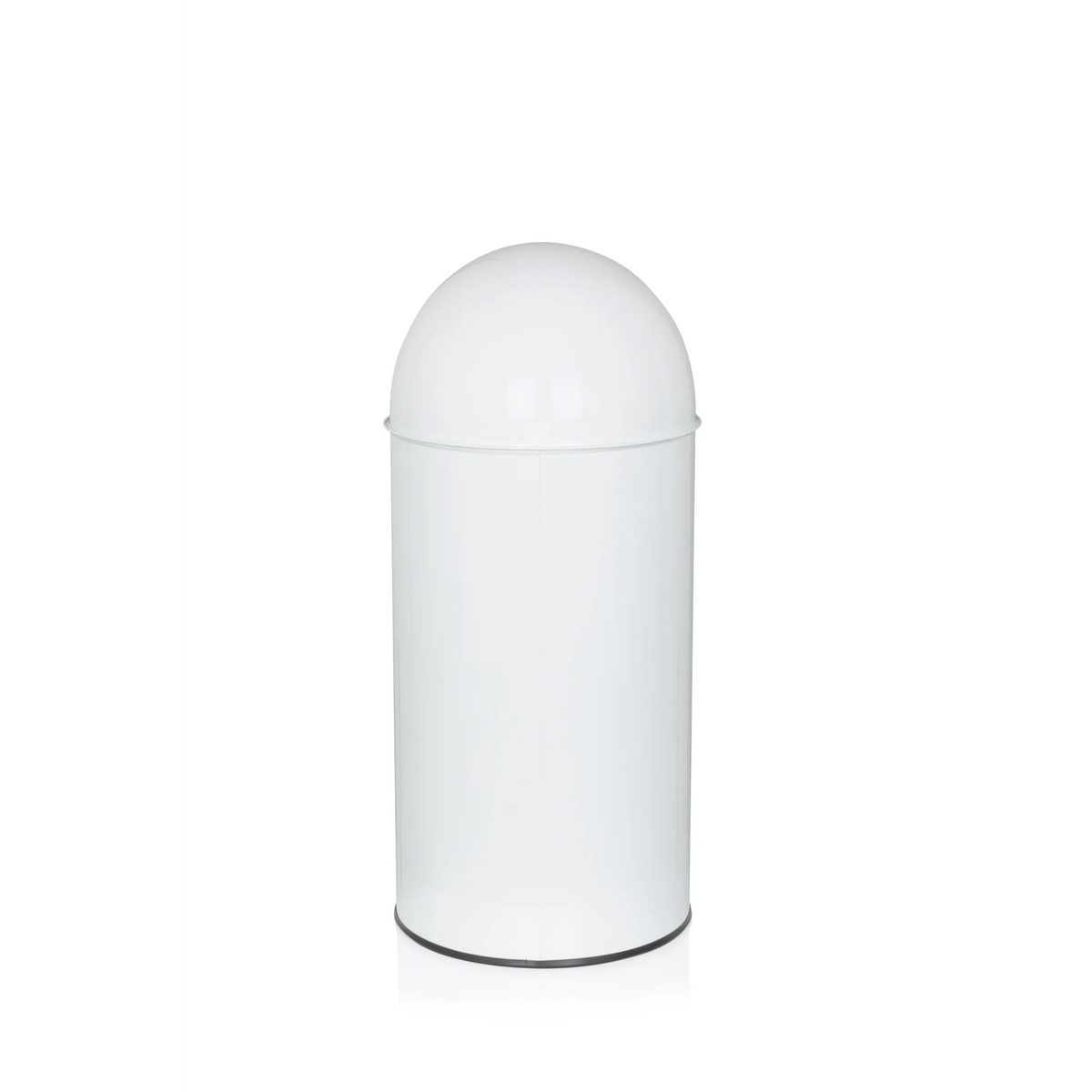 Poubelle PUSH 35L blanche avec sommet arrondi et ouverture de dépôt argentée de hjh OFFICE – vue à 360° (vue de trois quarts arrière 240°)