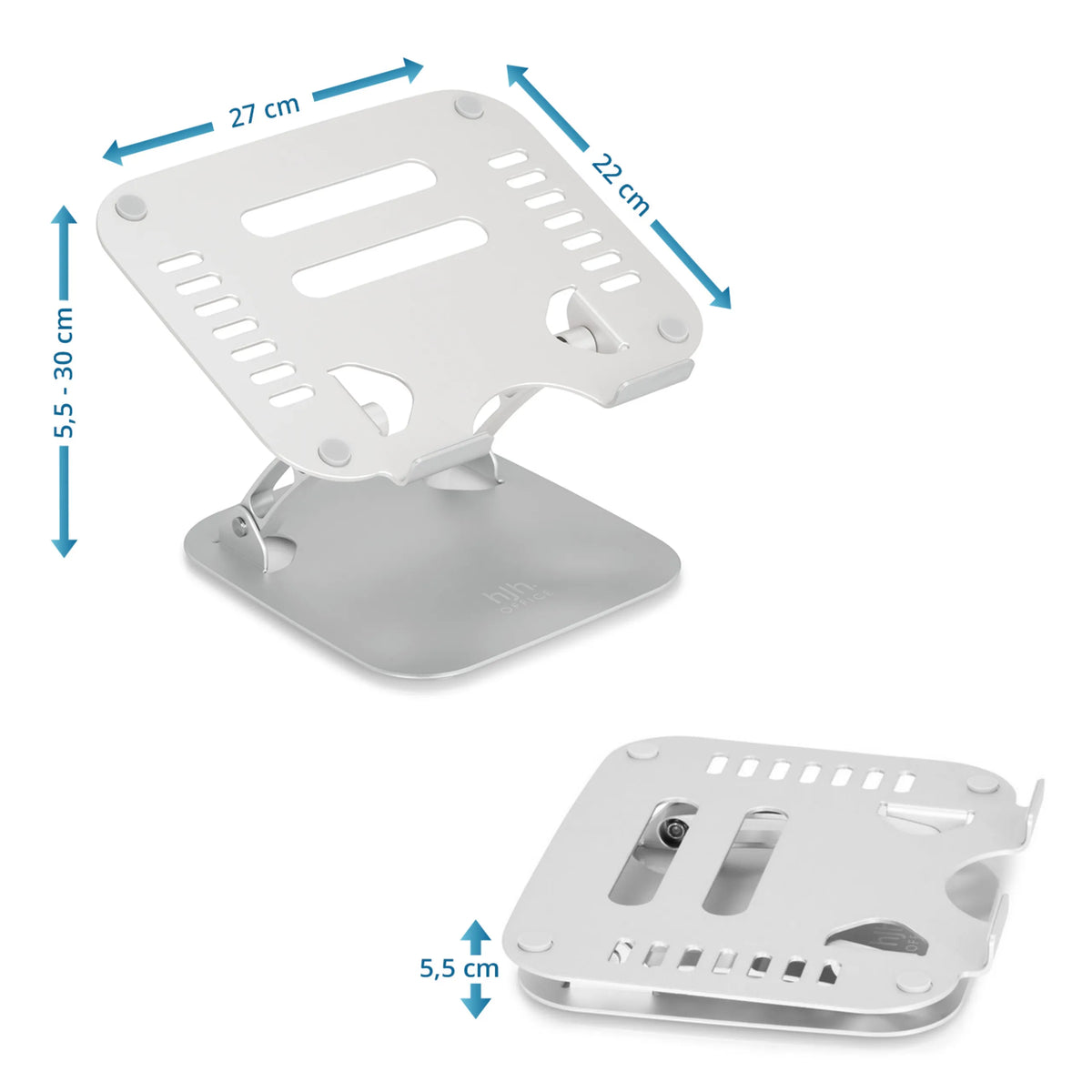 Dessin coté du Support pour ordinateur portable LAPTOP STAND de 27 × 22 cm et d'une hauteur de 5,5 à 30 cm de hjh OFFICE