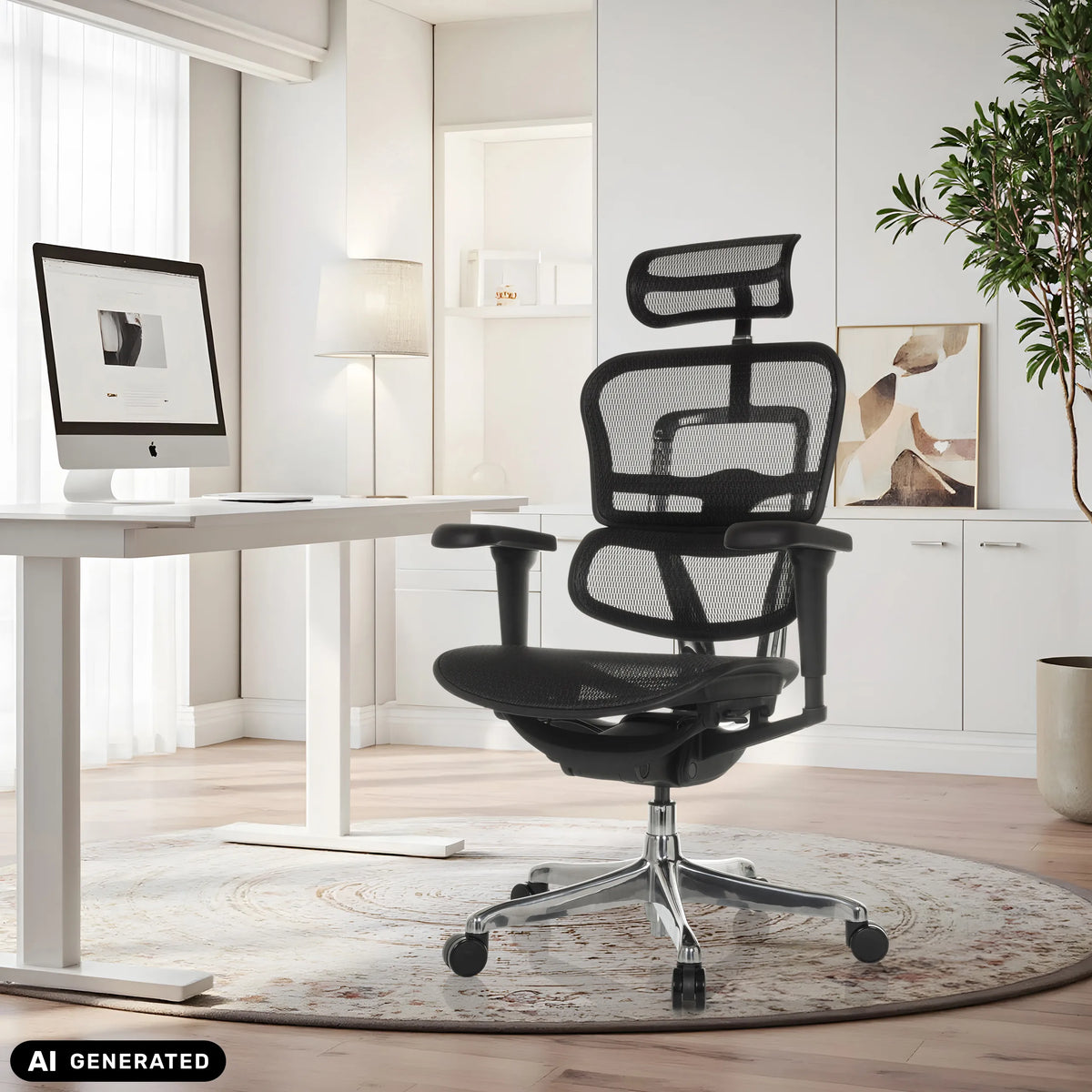 Siège de direction de luxe noir ERGOHUMAN ULTRA GEN2 avec dossier en maille dans un bureau à domicile de hjh OFFICE (image générée par IA)