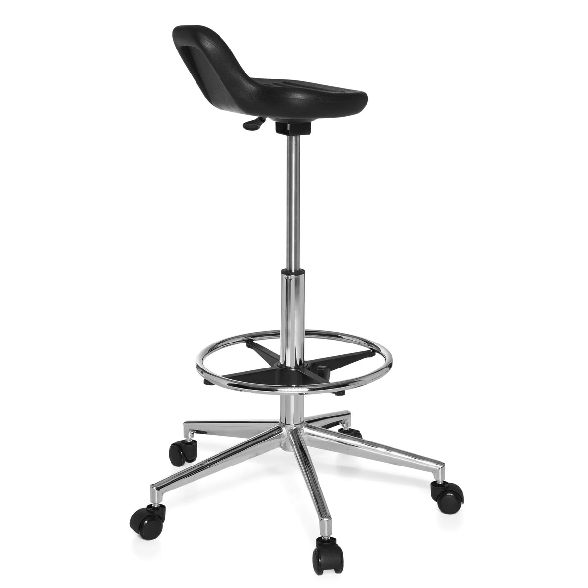Tabouret pivotant noir TOP WORK 03 avec repose-pieds et base à cinq roulettes de hjh OFFICE – vue à 360° (vue de trois quarts arrière 120°)