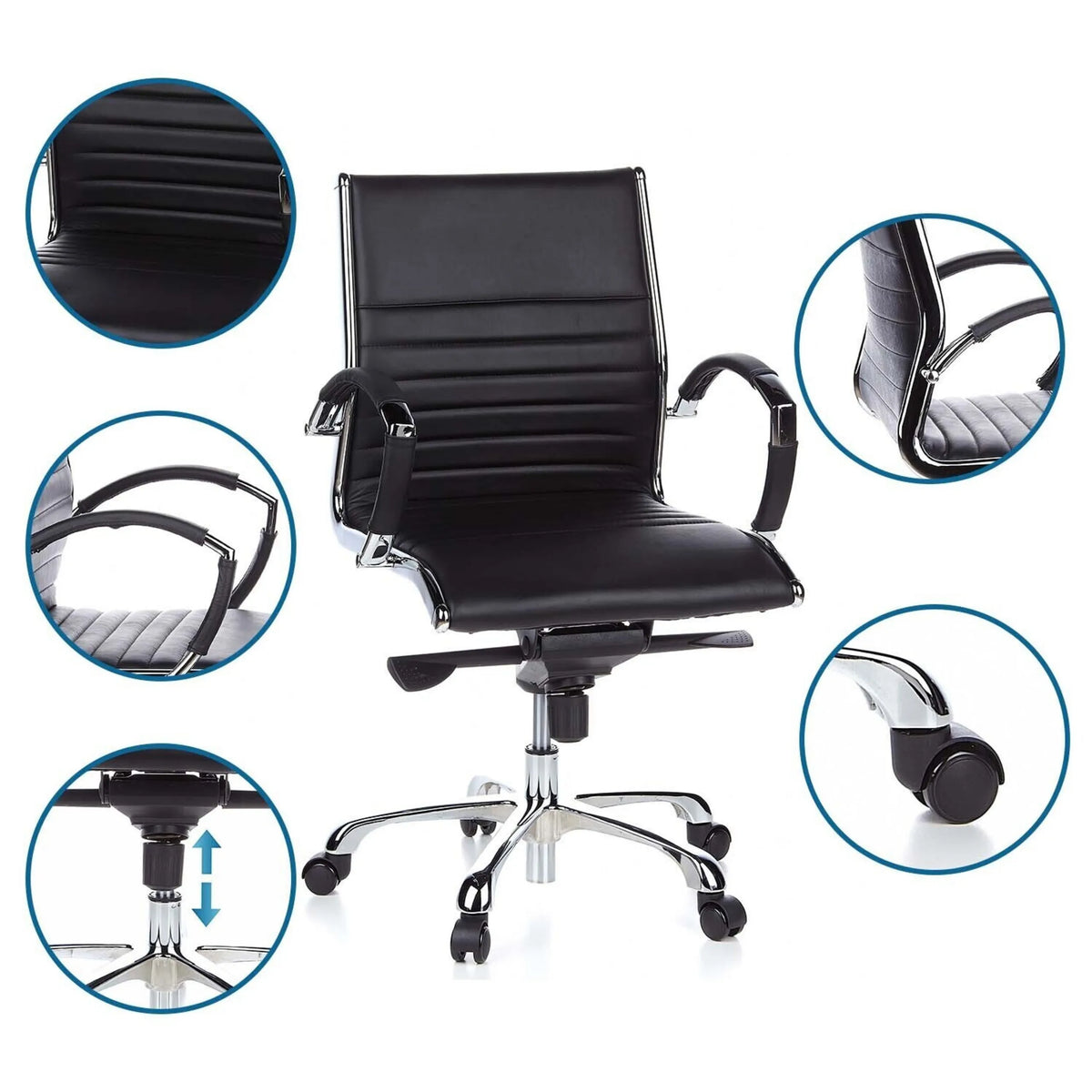 Profi-Chefsessel PARMA 10 in Schwarz mit Detailansichten zu Polsterung, Armlehnen, Rollen und Gasfeder von hjh OFFICE