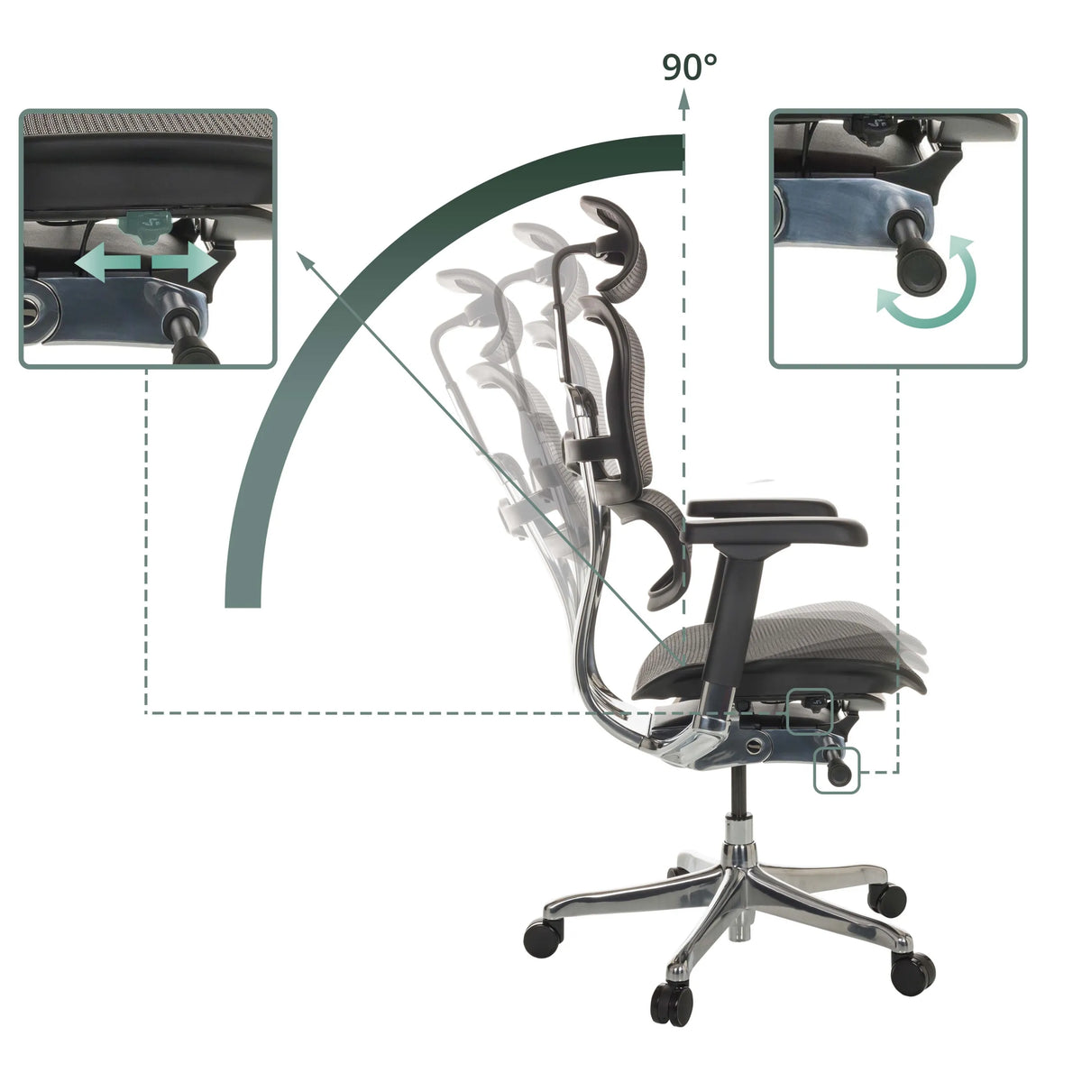 Dossier réglable du siège de direction de luxe ERGOHUMAN GEN2 avec inclinaison jusqu'à 90 degrés et leviers de commande de hjh OFFICE