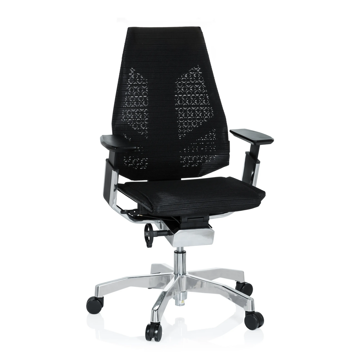 Siège de bureau haut de gamme GENIDIA noir avec dossier en maille et piètement à cinq roulettes de hjh OFFICE – vue à 360° (vue de face 20°)