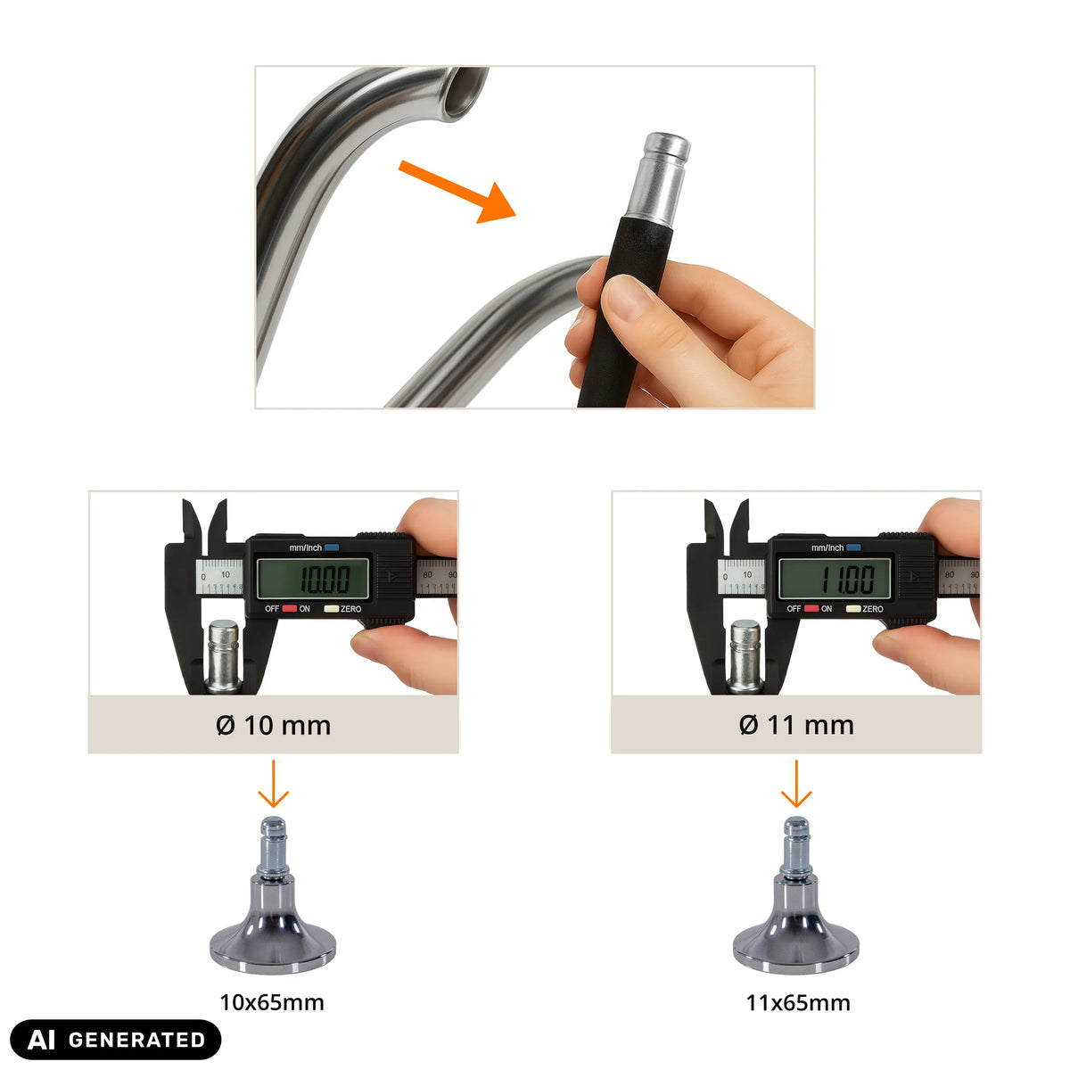 Détermination de la taille des patins de chaise STAND C avec un pied à coulisse en 10 mm et 11 mm de hjh OFFICE (image générée par IA)