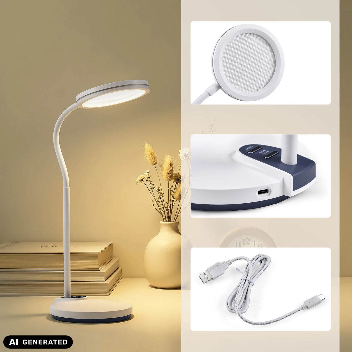 Lampe de bureau Lumanova D5 blanche avec port USB-C et câble de charge de hjh OFFICE (image générée par IA)